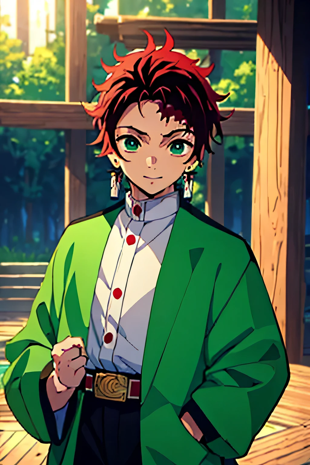 (Masterpiece, Best Quality:1.2), green theme, Cowboy shot, solo, male focus, 1boy, Tanjiro Kamado, Smile, looking a viewer, red  hair, Split eyebrows, Demon Slayer Uniform, green jacket, long sleeves, white capelet, Black pants, White Belt, fire, low-key, darkroom, hands up, chain, basement, block wall, broken clothes, (((masterpiece))), (ultra detail), (best quality), (8k cg wallpaper), stare,