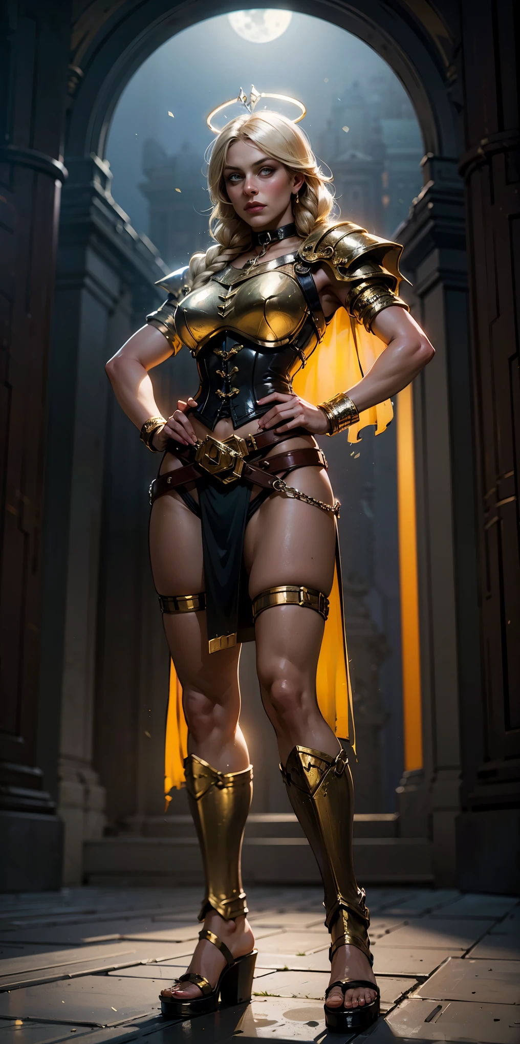 paladin lady in ornate golden armor, black collar, pauldrons, breastplate, corset, glowing halo, single braid, blonde, yellow glowing eyes, bright pupils, eye focus, red cape, temple indoors, stained glass windows, night, moonlight, particles, light beam, chromatic aberration, (full body, whole body. 1solo (girl). slave fighter, loincloth standing, hands on hips full body, whole body. 1solo (girl). slave fighter, loincloth standing, hands on hips, metal sandals, backpack, choker, big belt, view from below, feet together, bracers, tiara)