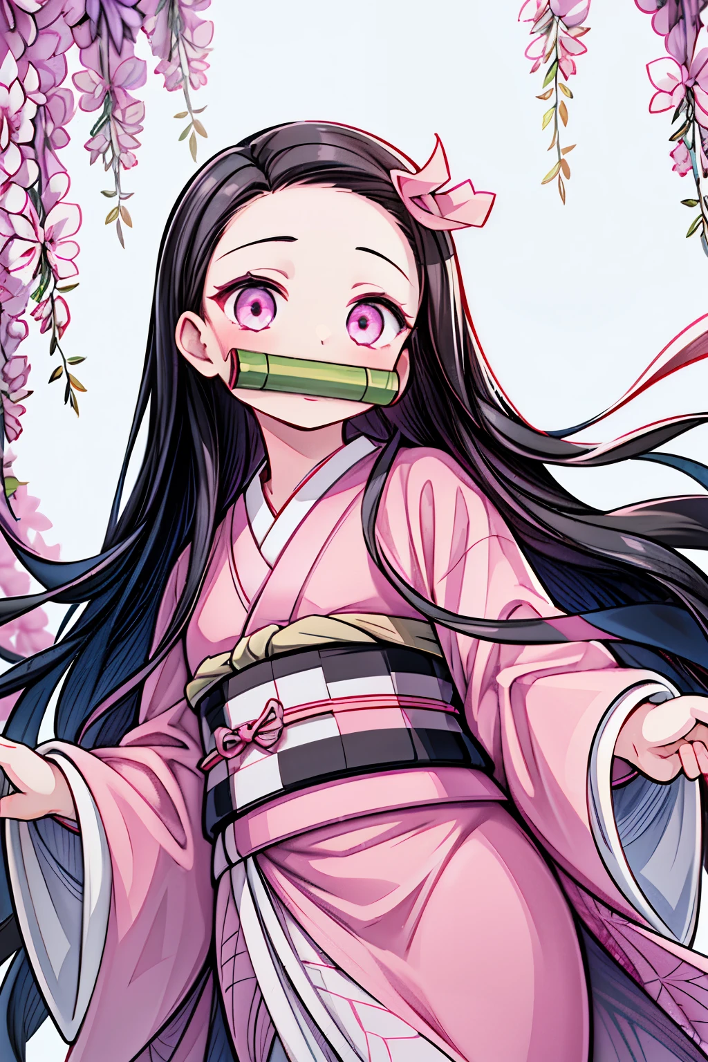 masterpiece, (pink kimono), seductive face, good lighting, low-cut, fine details, masterpiece, glowing eyes, 1girl, black hair, gag, bamboo, Nezuko Kamado, wisteria background, masterpiece, best quality, POV, whole body, wide hips,