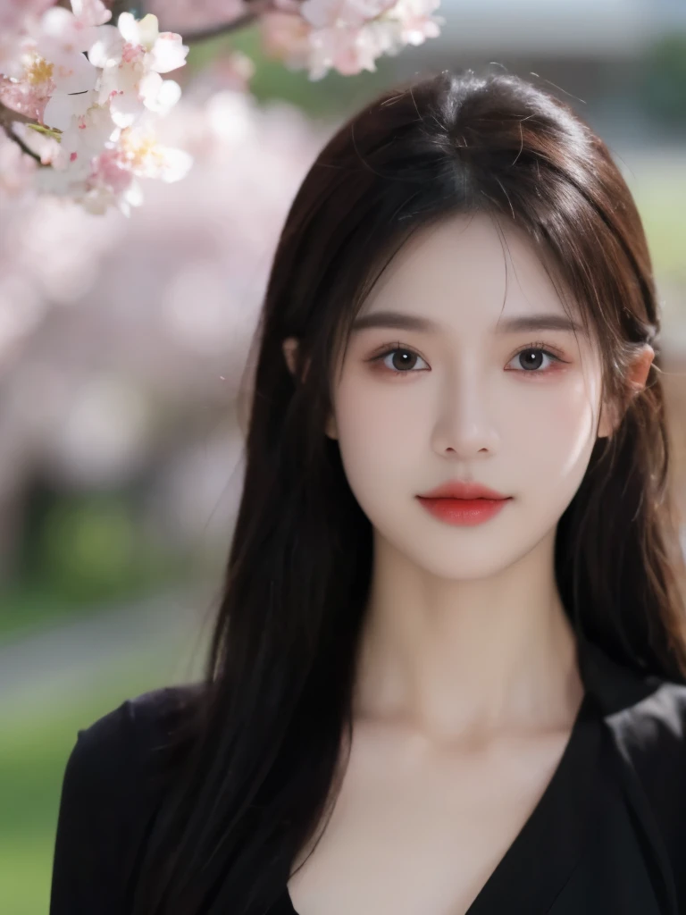 split，best quality, masterpiece, ultra high resolution, (lifelike:1.4), original photo, 1 girl, short sleeves，(((black clothes))), Flower viewing，Cherry blossoms，faint smile，glowing skin, faint smile，(((Plump chest 1.3))),4K，ultra high definition