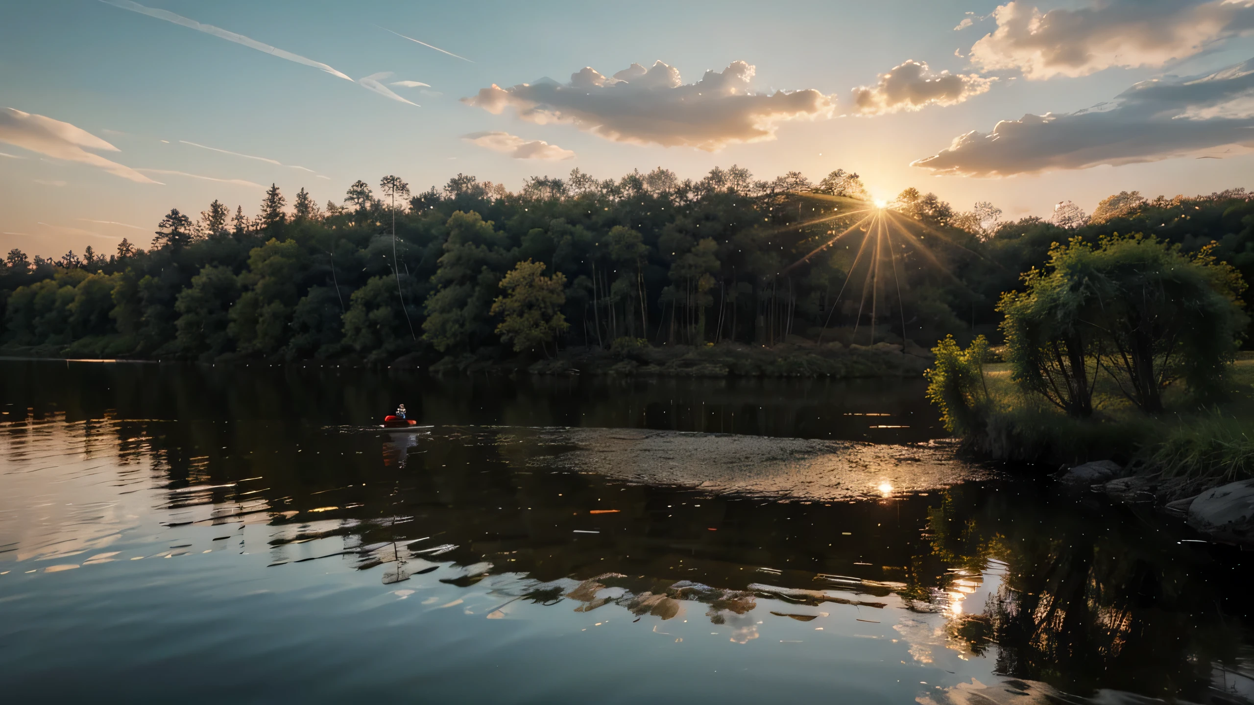 ((masterpiece, Best quality)), High resolution, 8K, cinematic light, high contrast, depth of field, intense glow, detailed background, dawn, river, rising sun, the sun is reflected in the water, small fish jump out of the water, in the background a dense forest of birch oaks, the rising sun, in There are white clouds in the sky, a fisherman is fishing