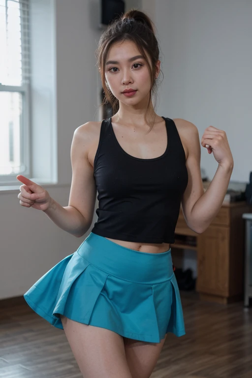 A beautiful chinese woman wavy ponytail hair wearing tank top and blue skirt dancing in dance floor
