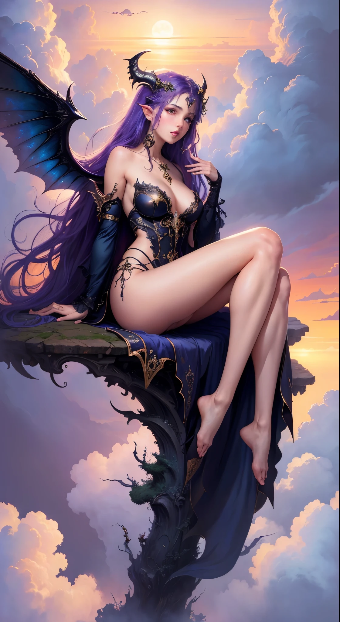 ((highest quality)), ((masterpiece)), (be familiar with), charming succubus, mysterious beauty, perched above the clouds, (fantasy illustration:1.3), captivating gaze, seductive pose, delicate wings, Otherworldly charm, mysterious sky, (Luis Royo:1.2), (Yoshitaka Amano:1.1), Moonlight night, soft colors, (be familiar with cloudscape:1.3), (High resolution:1.2)