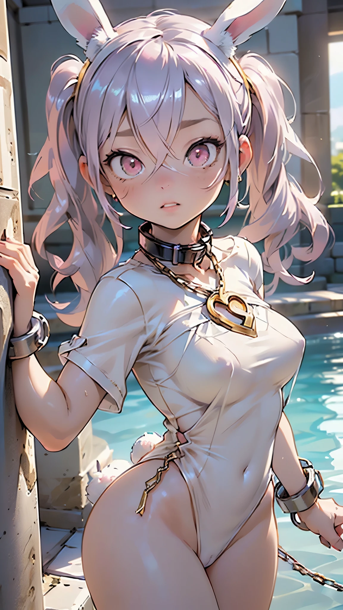 girl,1girl,cute bunny girl,(((1girl))),((bunny girl with extremely cute and beautiful light purple hair)),(((bunny girl:1.5,anthro furry cute,bunny-girl))),(((white bunny ears:1.5,white bunny ears on head:1.5,big white bunny ears)))
(large breasts:1.5),((light purple hair,hair between eyes,long hair,twintails,sidelocks)),(((dark_pink_eyes:1.3))),intricate eyes,beautiful detailed eyes,symmetrical eyes,((((lustrous skin:1.5,bright skin: 1.5,shiny skin,very shiny skin,shiny body)))),(spider lower abdomen,narrow waist,wide hip,athletic body,inflated legs,thick thighs),(((detailed face))),beautiful detailed lips,(((black race:1.2))),
(cute,slutty,sensual,seductive look,seductive,sexy,((erotic)),((nsfw)),
revealing clothing,show skin,((generous neckline)), gold body jewelry, mikro breastplates cyberpunk gold metal net jewelry BDSM, gold metal cyberpunk tapes on body, metal Collar,((metal gold futuristic tiny Panties t-strings)),((metal panties)), ((thin cupless bra)), gold body jewelry,(((slave collar,chain leash long connected to her collar,shackles,with chains))),
(cute pose:1.0),(centered,scale to fit dimensions,Rule of thirds),
((beautiful bath house made of greek marble and pillars, beautiful clear water in pool)),scenery:1.25,((intricate scenery)),((greek temple background)),
(Glossy greek ornaments),highres,sharp focus,(ultra detailed,extremely detailed),(photorealistic artwork:1.37),(extremely detailed CG unity 8k wallpaper),(((vibrant colors,vibrant theme))),(intricate),(masterpiece),(best quality),artistic photography,(photography taken by sldr),(intricate background),perfect rendered face,perfect face details,realistic face,photo realistic,((intricate detail)),(((realism))),