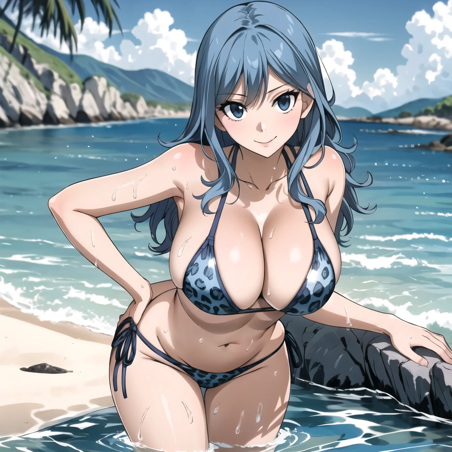 mujer juvia Lockser, pelo azul ondulado, pelo largo, ojos azules. sonrisa rubor, pechos grandes, light blue leopard print bikini, accesorios, fondo una playa cuerpo mojado. una sola mujer. pose sexy gotas de agua en su cuerpo.
