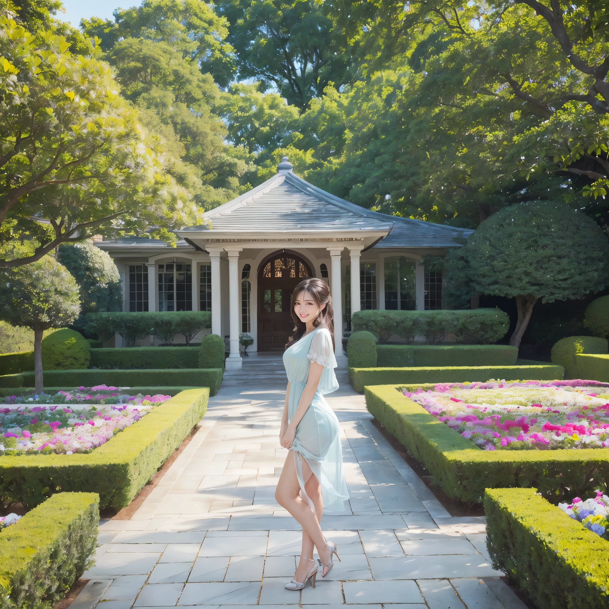 (highest quality、masterpiece、8K、best image quality、hyper realism、Award-winning work)、1 female、(Alone:1.1)、(The most elegant sheer tight short dress:1.1)、(A perfectly fitted, tight, sheer short dress:1.1)、causal clothing、Beautiful and classy clothes in perfect harmony、upper body photo、glamorous body、the biggest smile looking at me、(accurate anatomy:1.1)、beautiful terrace background、(Beautiful mansion terrace:1.1)、(Beautiful big mansion:1.1)、(blurred background:1.1)、(A mansion's veranda and garden with flowers:1.1)、(The exterior of a beautiful, huge, Western-style mansion:1.3)、(Exterior view of an elegant and majestic mansion:1.1)、(perfect garden with beautiful terrace:1.1)、The most natural and perfect terrace、(Regular and beautiful flower beds:1.1)、(Cute flowers are arranged regularly:1.2)、(Beautiful and regular perfect flower bed:1.2)、Beautifully manicured and perfect garden、A perfect garden maintained by a professional gardener、Building the perfect terrace、very bright and refreshing、(Beautiful skin that shines very brightly:1.1)、(very bright and vivid:1.1)、(Super high-definition bright and shiny skin:1.2)、Super high definition beautiful eyes、Super high definition perfect beautiful teeth