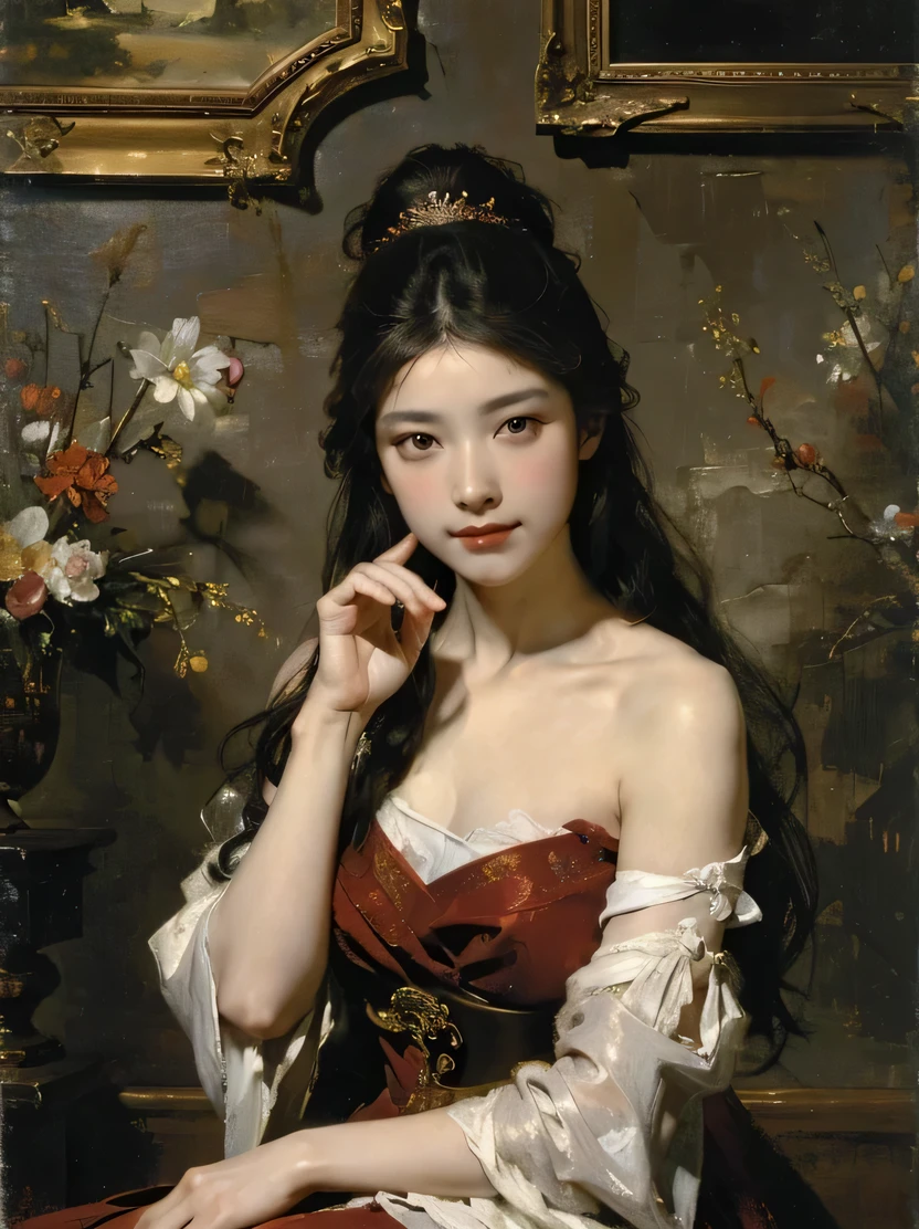 ((masterpiece、highest quality、Super detailed、High resolution、sharp focus、cinematic lighting))、((1 female、middle shot))、long black hair woman、exquisite features、chignon、Hairpin、red chinese style dress、plain wall background、((renaissance classic oil painting style))、put your hands on your hips、sit on a stool、((view audience、Detailed hand depiction))、Fechin、oil painting