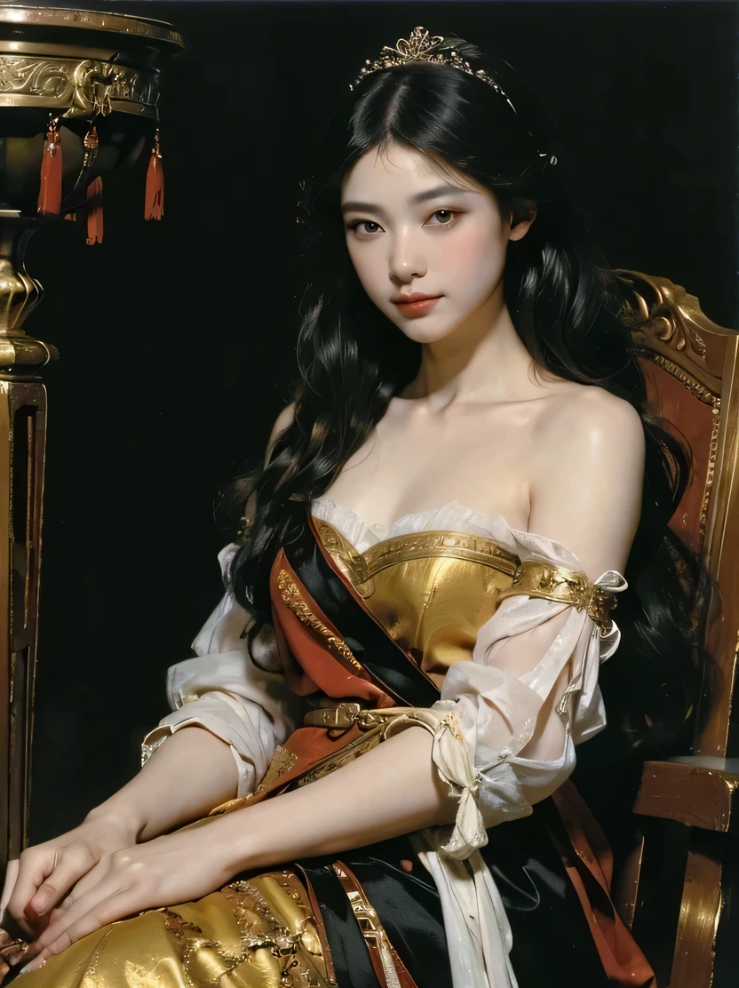 ((masterpiece、highest quality、Super detailed、High resolution、sharp focus、cinematic lighting))、((1 female、three-fifths shot))、long black hair woman、exquisite features、chignon、Hairpin、red chinese style dress、plain wall background、((renaissance classic oil painting style))、put your hands on your hips、sit on a stool、((view audience、Detailed hand depiction))、Fechin、oil painting