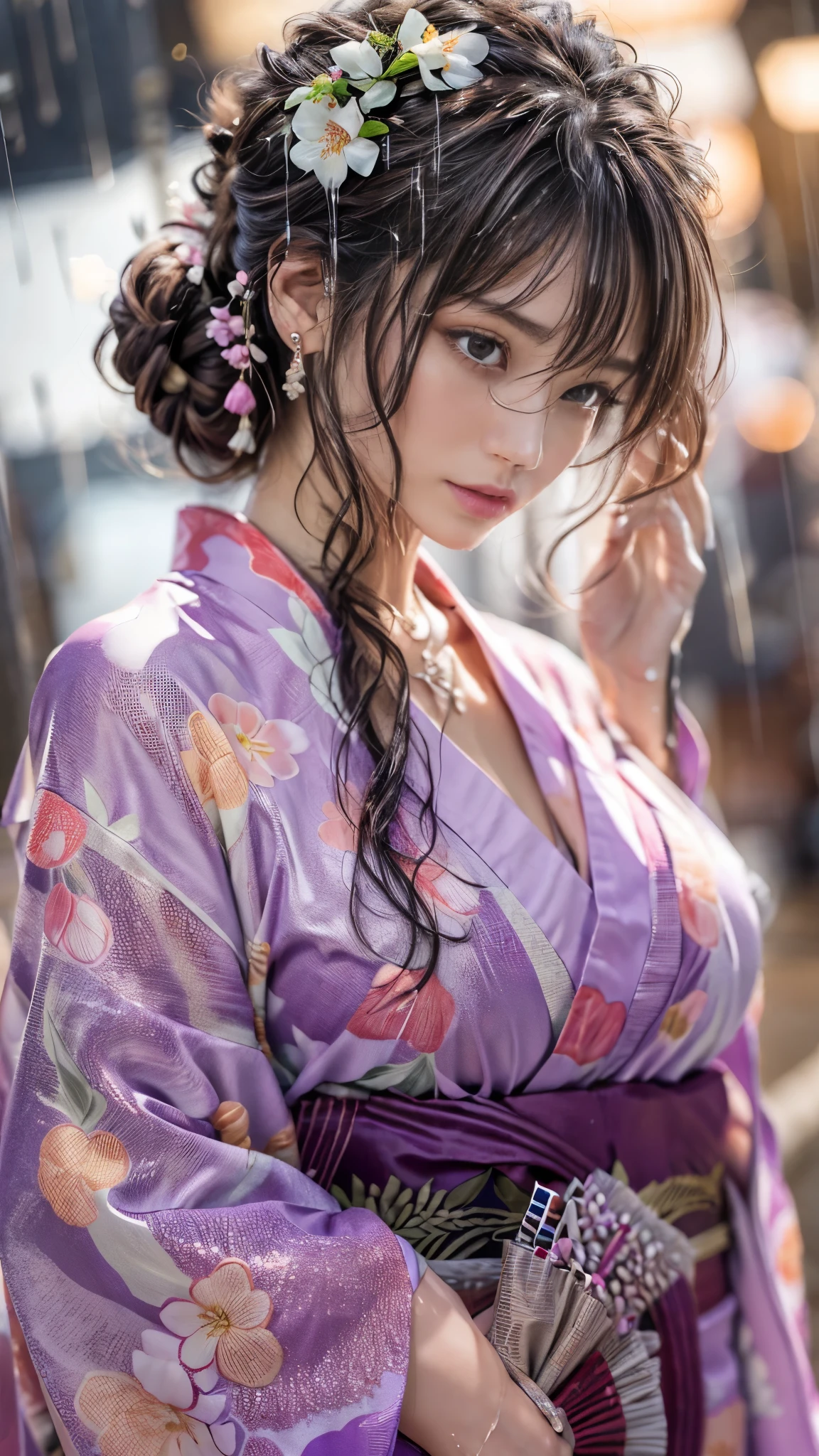 (RAW shooting, Photoreal:1.5, 8K, highest quality, masterpiece, ultra high resolution), ((after the night rain)), Highly detailed skin and facial textures:1.3, perfect dynamic composition:1.2, (In front of a shrine at night in a modern city, Cherry blossoms at night:1.0, expression of sadness:1.0, Tears are flowing:1.0, cry with a broken heart:1.0), slim office lady:1.3, cowboy shot, Fair skin:1.2, sexy beauty:1.1, perfect style:1.2, beautiful and aesthetic:1.1, very beautiful face:1.2, water droplets on the skin, (rain drips all over my body:1.2, wet body:1.2, wet hair:1.3), (Professional kimono dressing:1.1, Holding a bouquet of wet cherry blossoms:1.2, Wear a wet light purple kimono correctly:1.3), (plump breasts, Bra is sheer, Chest gap),  (Eyes that feel beautiful eros:0.8, Too erotic:0.8, Bewitching:0.8), necklace, earrings, bracelet, wedding ring, Highly detailed and accurate hand and finger representations