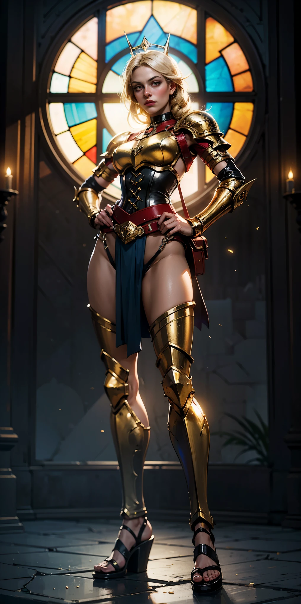 paladin lady in ornate golden armor, black collar, pauldrons, breastplate, corset, glowing halo, single braid, blonde, yellow glowing eyes, bright pupils, eye focus, red cape, temple indoors, stained glass windows, night, moonlight, particles, light beam, chromatic aberration, (full body, whole body. 1solo (girl). slave fighter, loincloth standing, hands on hips full body, whole body. 1solo (girl). slave fighter, loincloth standing, hands on hips, metal sandals, backpack, choker, big belt, view from below, feet together, bracers, tiara)