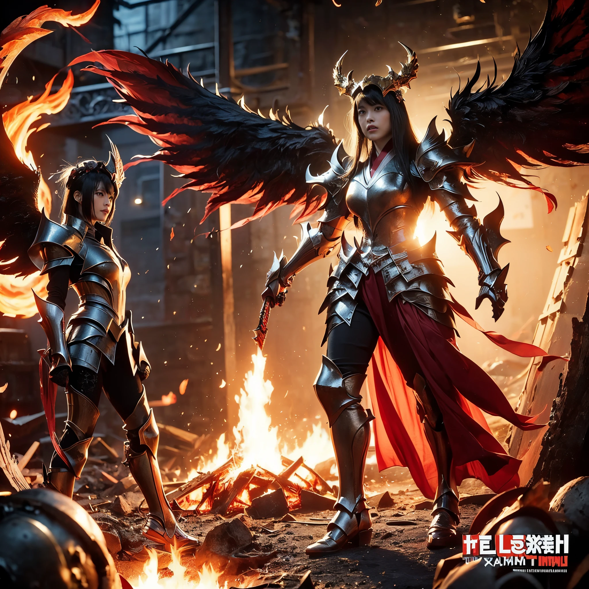 (((Realistic, masterpiece, best quality, crisp detail, high definition, high detail, very rich detail, sharp focus, sharp detail, colorful, rich color, perfect studio lightning))), ((20 years old, goddess of fire, kasumi arimura, flying, floating)),(((in the middle of war, epic war scene))), wearing (((beautiful decorated golden heavy armor, phoenix armor, phoenix tails, decorated full body armor, fully armored beautiful kimono, wide golden phoenix wings))), (flying, floating, attack stance, burning hands, holding fantasy weapon, blood scattered face, blood tears, blood bath, blood shed), (((fire everywhere, blood everywhere, death everywhere, japan bakumatsu period, dead bodies,carcass,burned japanese castle,hellish,chaos, hell fire, inferno, molten lava)) traditional village background), shot from below