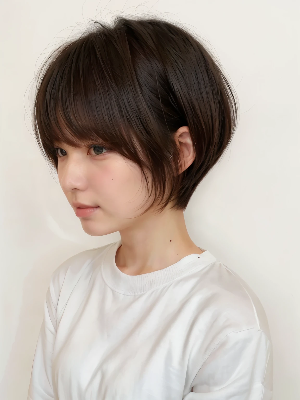 beige long sleeve dress、table top、(background white wall、some of the hair is black:1.4)、Taken in front of the white door、((highest quality、8K、masterpiece:1.3))、ultra high resolution、(photogenuineistic:1.4)、Raw photo、30 year old female、Japanese,(face)、genuine、Photographed in natural light、Highly detailed face and skin texture、highly detailed lips、correct state of the human body、short hair、shortcut、brown hair、short hair、various poses、natural color lip、fluffy hair