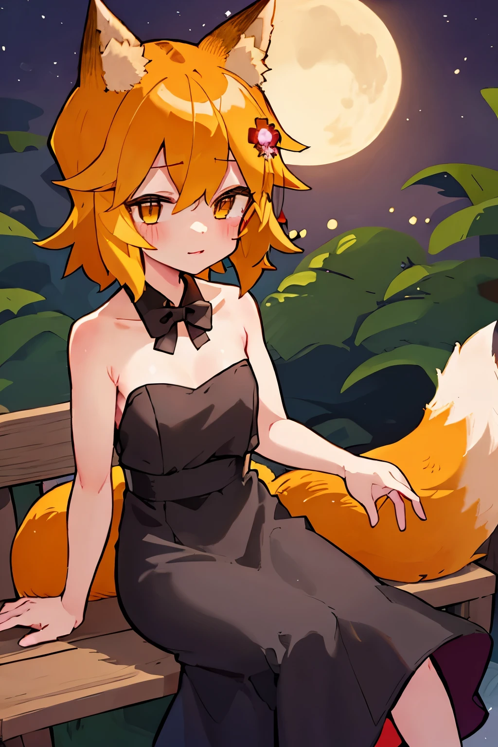 masterpiece, best quality, highly detailed, sen, animal ears, fox ears, fox girl, fox tail, hair flower, hair ornament, orange eyes, orange hair, short hair, tail, blush, looking at viewer, , girl, small breasts, detailed hands, keqing (opulent splendor) (genshin impact), official alternate costume, dress, night, strapless dress, looking at viewer, cleavage, black dress, strapless, bare shoulders, bangs, bow, detached collar, ribbon, double bun, two-tone dress, hair ornament, black bow, hair ribbon, blue dress, bowtie, sitting on bench