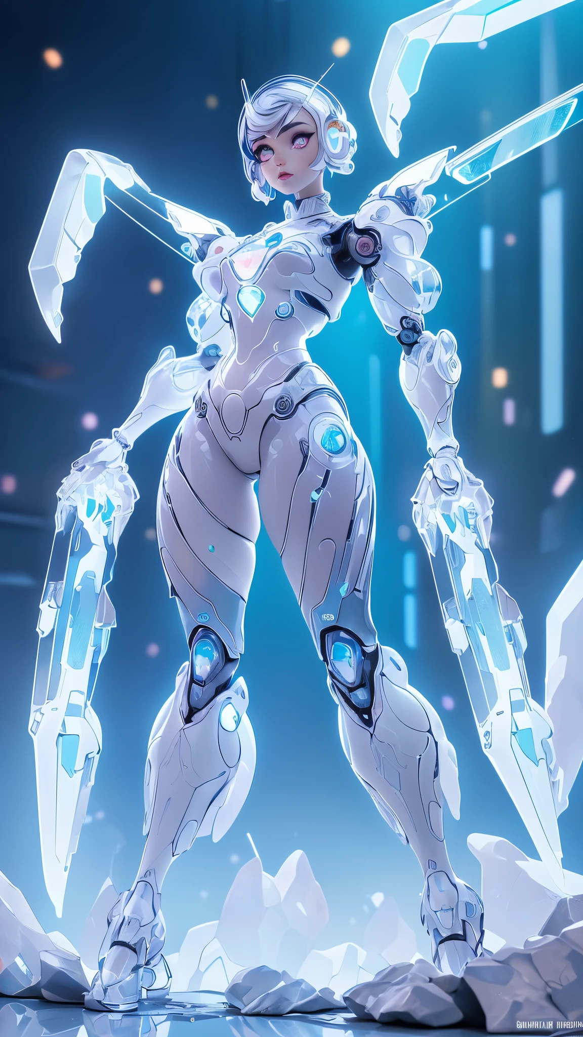 (La mejor calidad,A high resolution,Ultra - detallado,actual),Ariana Grande japonesa androide cyborg,(background alley walls big stones) , robotic parts, hermoso estudio con luz suave, Detalles vibrantes, Ciberpunk de lujo, (Android body made of white and silver transparent glass and plastic..:1.4), , (Mecanismos internos del cuerpo de metal plateado+rosa), dynamic pose, Fluid organic components, Grabado detallado, lace designs, (Circuitos dorados brillantes:1.4), (ojos detailed azules :1.4 ), (pose vaquero ), (realista) ,Arte detallado de alta calidad 8K, Fanart Mejor ArtStation, fantasy art style ,(cuerpo de vidrio transparente:1.4),(perfect anatomy) ,High Definition, (fondo laboratorio Robotic futuristic dystopia colors:1.4) ,(dedos detailed ),( cara detallada:1.4), (no mutaciones),( fondo parque industrial piedras grandes :1.4),( detailed face V2.1 ), (obra maestra:1.4), ((Mejor calidad:1.4 ),