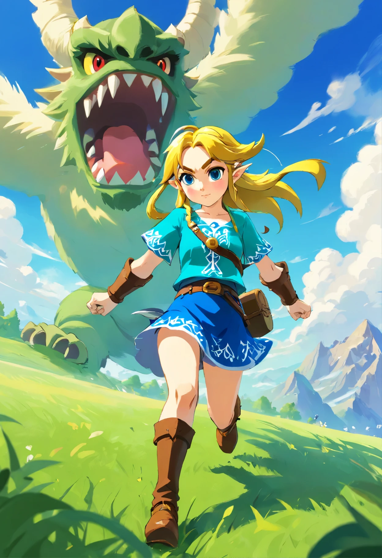 A girl on the grass and the monster fight, Blue Sky White Clouds，Disney Pixar style character, full body, full body, white background, Q version, 2d,