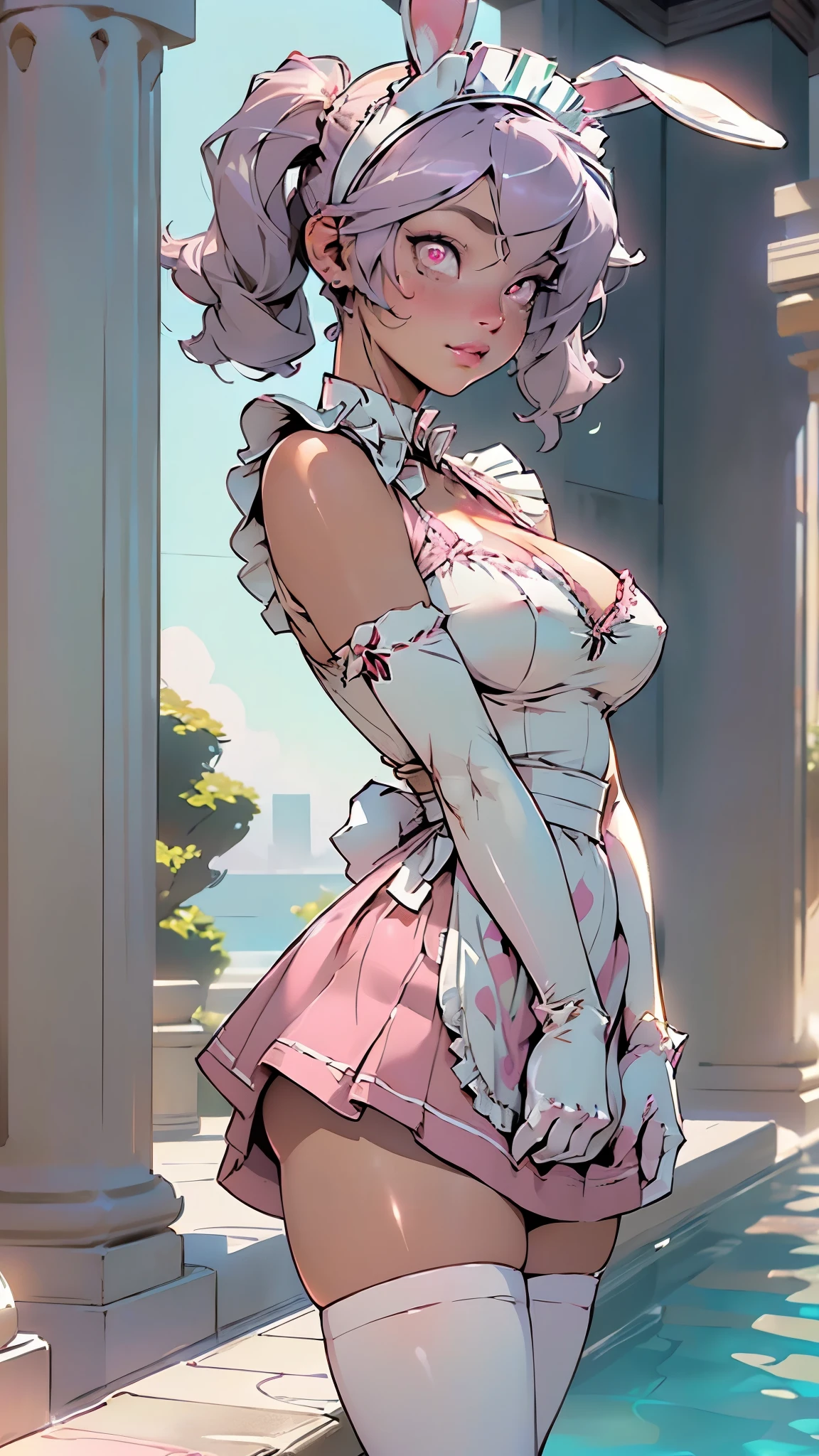 girl,1girl,cute bunny girl,(((1girl))),((bunny girl with extremely cute and beautiful light purple hair)),(((bunny girl:1.5,anthro furry cute,bunny-girl))),(((white bunny ears:1.5,white bunny ears on head:1.5,big white bunny ears)))
(large breasts:1.5),((light purple hair,hair between eyes,long hair,twintails,sidelocks)),(((dark_pink_eyes:1.3))),intricate eyes,beautiful detailed eyes,symmetrical eyes,((((lustrous skin:1.5,bright skin: 1.5,shiny skin,very shiny skin,shiny body)))),(spider lower abdomen,narrow waist,wide hip,athletic body,inflated legs,thick thighs),(((detailed face))),beautiful detailed lips,(((black race:1.2))),
(cute,slutty,sensual,seductive look,seductive,sexy,((erotic)),((nsfw)),
(((maid,maid headdress))),((apron,waist apron,white apron)),((bandeau,pink bandeau,cleavage,enmaided,frilled skirt,micro,skirt frills)),((elbow gloves,white gloves,gloves)),((pink shrug,shrug clothing,pink skirt,thighhighs,white thighhighs ))
(cute pose:1.0),(centered,scale to fit dimensions,Rule of thirds),
((beautiful bath house made of greek marble and pillars, beautiful clear water in pool)),scenery:1.25,((intricate scenery)),((greek temple background)),
(Glossy greek ornaments),highres,sharp focus,(ultra detailed,extremely detailed),(photorealistic artwork:1.37),(extremely detailed CG unity 8k wallpaper),(((vibrant colors,vibrant theme))),(intricate),(masterpiece),(best quality),artistic photography,(photography taken by sldr),(intricate background),perfect rendered face,perfect face details,realistic face,photo realistic,((intricate detail)),(((realism))),