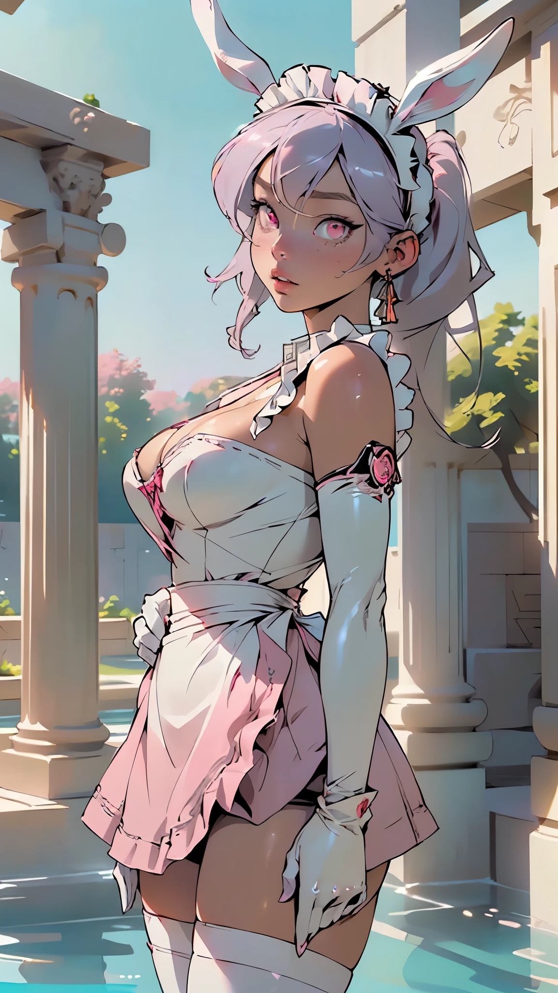 girl,1girl,cute bunny girl,(((1girl))),((bunny girl with extremely cute and beautiful light purple hair)),(((bunny girl:1.5,anthro furry cute,bunny-girl))),(((white bunny ears:1.5,white bunny ears on head:1.5,big white bunny ears)))
(large breasts:1.5),((light purple hair,hair between eyes,long hair,twintails,sidelocks)),(((dark_pink_eyes:1.3))),intricate eyes,beautiful detailed eyes,symmetrical eyes,((((lustrous skin:1.5,bright skin: 1.5,shiny skin,very shiny skin,shiny body)))),(spider lower abdomen,narrow waist,wide hip,athletic body,inflated legs,thick thighs),(((detailed face))),beautiful detailed lips,(((black race:1.2))),
(cute,slutty,sensual,seductive look,seductive,sexy,((erotic)),((nsfw)),
(((maid,maid headdress))),((apron,waist apron,white apron)),((bandeau,pink bandeau,cleavage,enmaided,frilled skirt,micro,skirt frills)),((elbow gloves,white gloves,gloves)),((pink shrug,shrug clothing,pink skirt,thighhighs,white thighhighs ))
(cute pose:1.0),(centered,scale to fit dimensions,Rule of thirds),
((beautiful bath house made of greek marble and pillars, beautiful clear water in pool)),scenery:1.25,((intricate scenery)),((greek temple background)),
(Glossy greek ornaments),highres,sharp focus,(ultra detailed,extremely detailed),(photorealistic artwork:1.37),(extremely detailed CG unity 8k wallpaper),(((vibrant colors,vibrant theme))),(intricate),(masterpiece),(best quality),artistic photography,(photography taken by sldr),(intricate background),perfect rendered face,perfect face details,realistic face,photo realistic,((intricate detail)),(((realism))),