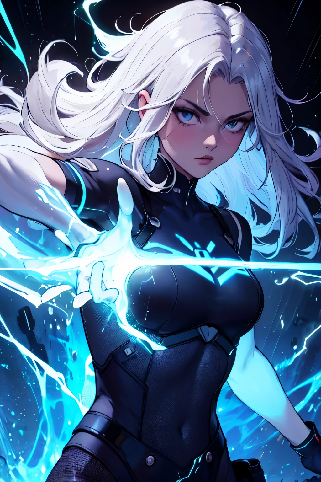 great quality, (1 woman), very focused face, diamond face, perfect eyes, (wearing mage robe), mage robe, magic, strong shadows, full body, detailed face, (casting spell), blue flashes of light, blue sparks, in battle, detailed abs, shinying eyes, (masterpiece), direct light, underlight, strong jaw, (large boobs), massive ass, thick thighs, (long torso), wide waist, skinny torso, fit, perfect face, sexy, (blushing), low view, staring up point of view, (low angle shot),