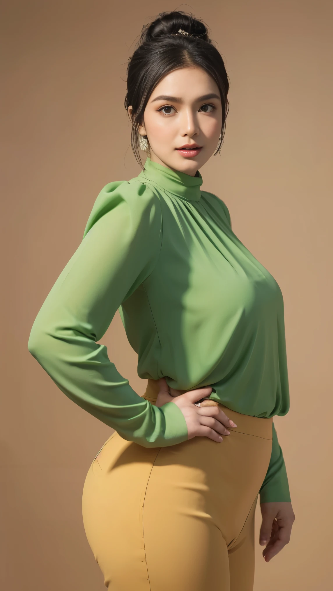 Vogue style side view photo shoot of 1 malay 20years old young woman wear (( green blouse )) with pastel colours background in Wes Anderson style,detail skin texture, detailed face, saggy breast, dark , camel toe, heavy big breast, big round ass, wide hips, thick thighs, beer belly, curvy, view from side, hyper - realistic photography, Wes Anderson style, full body, 8k, close - up shot, extreme close - up photo, ((looking at viewer)), shiny wavy black hair