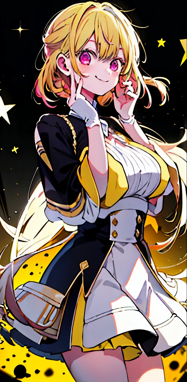 Original Character ， 1girl， （mad smile：1.2） ， blond hairbl ， By bangad eyes ， Place your hands on your face ， Yellow and black color scheme， with her mouth open， （largeeyes：1.2）， glowing light eyes， Left star-shaped eye， Star-shaped eyes， Pink eyes
