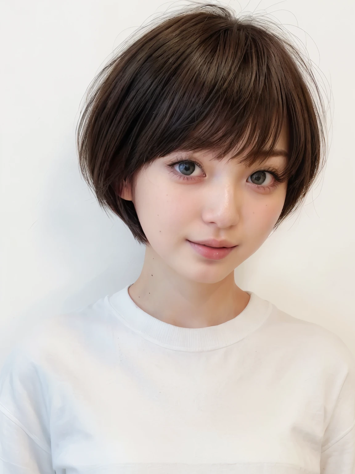 beige long sleeve dress、table top、(background white wall、some of the hair is black:1.4)、Taken in front of the white door、((highest quality、8K、masterpiece:1.3))、ultra high resolution、(photogenuineistic:1.4)、Raw photo、30 year old female、Japanese,(face)、genuine、Photographed in natural light、Highly detailed face and skin texture、highly detailed lips、correct state of the human body、short hair、shortcut、brown hair、short hair、various poses、natural color lip、fluffy hair