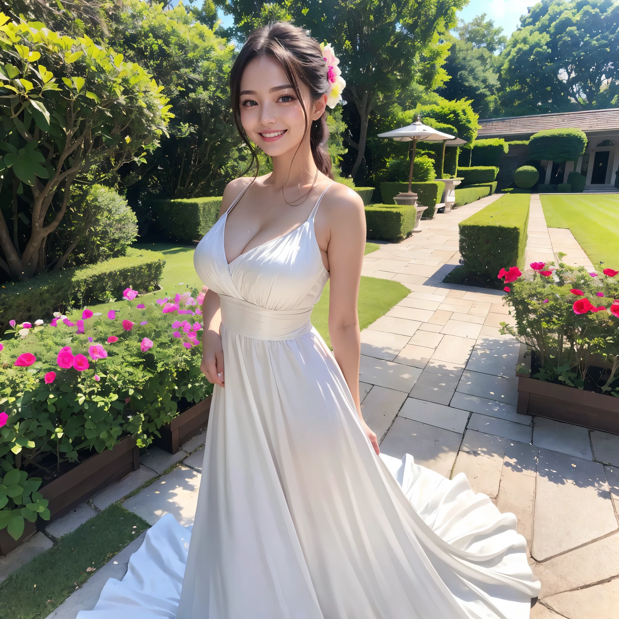 (highest quality、masterpiece、8K、best image quality、hyper realism、Award-winning work)、1 female、(Alone:1.1)、(The most elegant thin dress:1.1)、causal clothing、Beautiful and classy clothes in perfect harmony、full body photo、glamorous body、short、short height、big breasts、big ass、the biggest smile looking at me、(accurate anatomy:1.1)、beautiful terrace background、(Beautiful mansion terrace:1.1)、(A mansion's veranda and garden with flowers:1.1)、(perfect garden with beautiful terrace:1.1)、The most natural and perfect terrace、(Regular and beautiful flower beds:1.1)、(Cute flowers are arranged regularly:1.1)、Beautifully manicured and perfect garden、A perfect garden maintained by a professional gardener、Building the perfect terrace、very bright and refreshing、(Beautiful skin that shines very brightly:1.1)、(very bright and vivid:1.1)、(Super high-definition bright and shiny skin:1.2)、Super high definition beautiful eyes、Super high definition perfect beautiful teeth