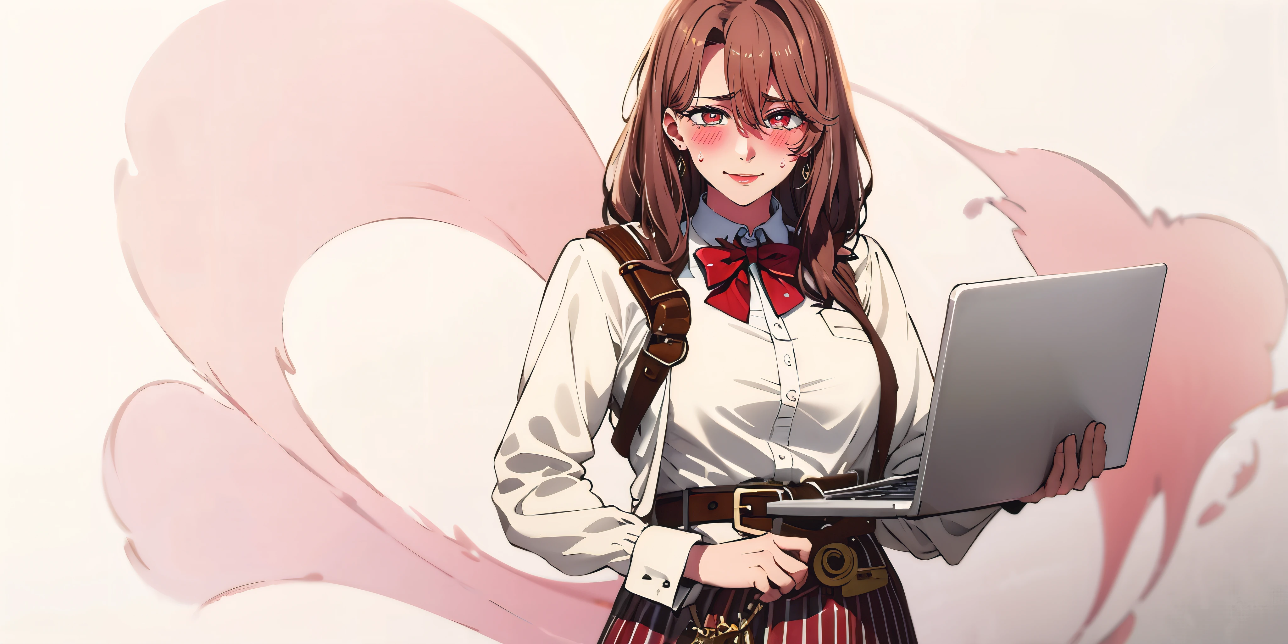 brown hair, long hair, eft_oshi_step, bangs, maroon eyes, curvy, anatomically correct, heavy breathing, belt, solo, 1girl, looking_at_viewer, bowtie, long_sleeves, red_bow, striped, holding, skirt, belt_buckle, buckle, red_neckwear, hair_between_eyes, uniform, shirt, brown_belt, laptops,  hollow eyes, bright pupils, sweating, heavy breathing, steaming face, maroon eyes, seductive smile, blush, lazy eyes, "Photorealistic, Hyperrealistic, Hyperdetailed, analog style, soft lighting, subsurface scattering, realistic, heavy shadow, masterpiece, best quality, ultra realistic, 8k, golden ratio, Intricate, High Detail, film photography, soft focus", sweating, steaming body, fog,