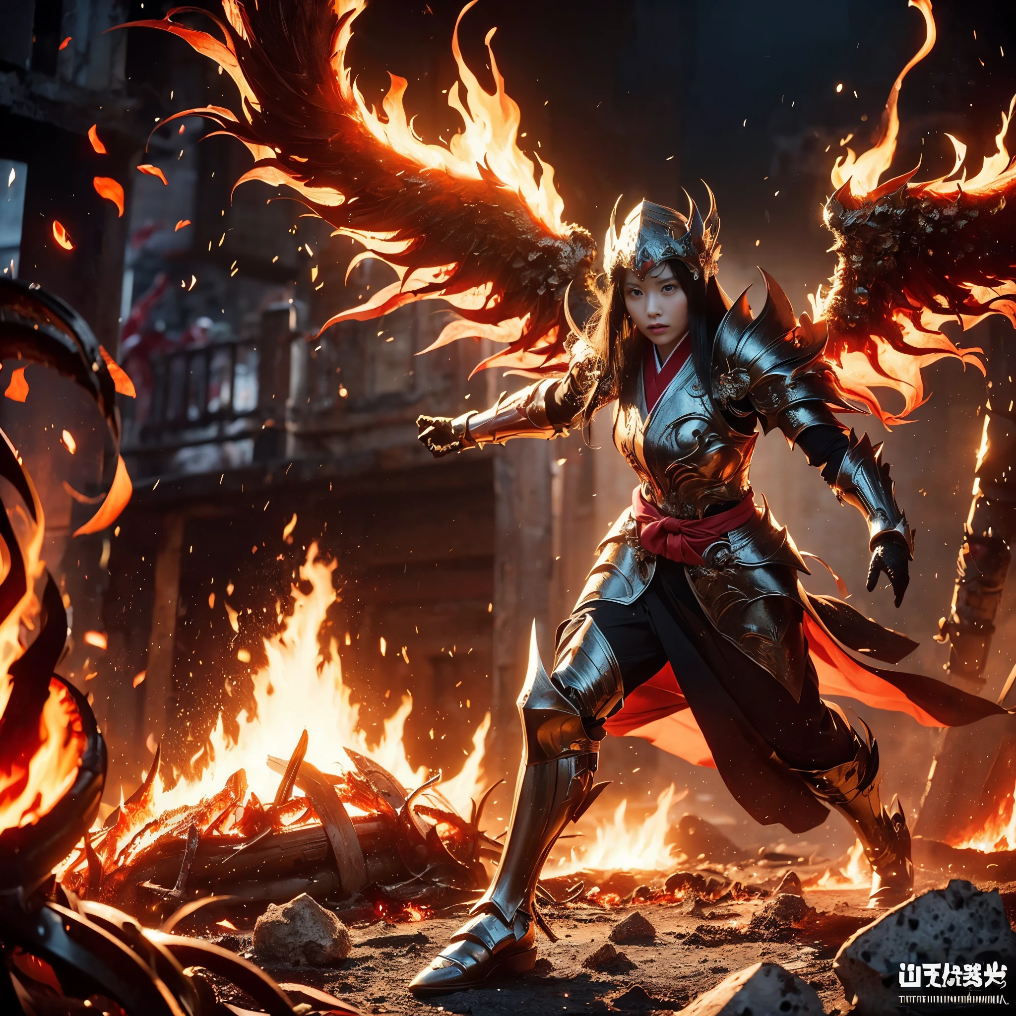 (((Realistic, masterpiece, best quality, crisp detail, high definition, high detail, very rich detail, sharp focus, sharp detail, colorful, rich color, perfect studio lightning))), ((20 years old, goddess of fire, kasumi arimura, flying, floating)),(((in the middle of war, epic war scene))), wearing (((beautiful decorated golden heavy armor, phoenix armor, phoenix tails, decorated full body armor, fully armored beautiful kimono, wide golden phoenix wings))), (flying, floating, attack stance, burning hands, holding fantasy weapon, blood scattered face, blood tears, blood bath, blood shed), (((fire everywhere, blood everywhere, death everywhere, japan bakumatsu period, dead bodies,carcass,burned japanese castle,hellish,chaos, hell fire, inferno, molten lava)) traditional village background), shot from below