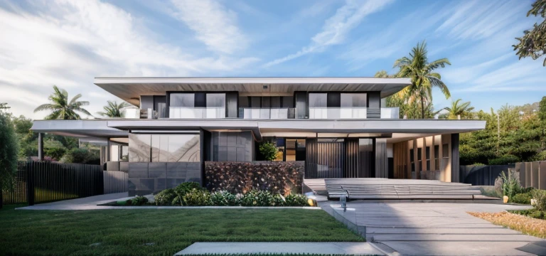 (masterpiece),(high quality), best quality, real,(realistic), super detailed, (full detail),(4k),8k,modern house exterior design,Modern architecture,Beautiful_sky,Day light, no_humans, outdoors,sky,tree,Garden flower front of building