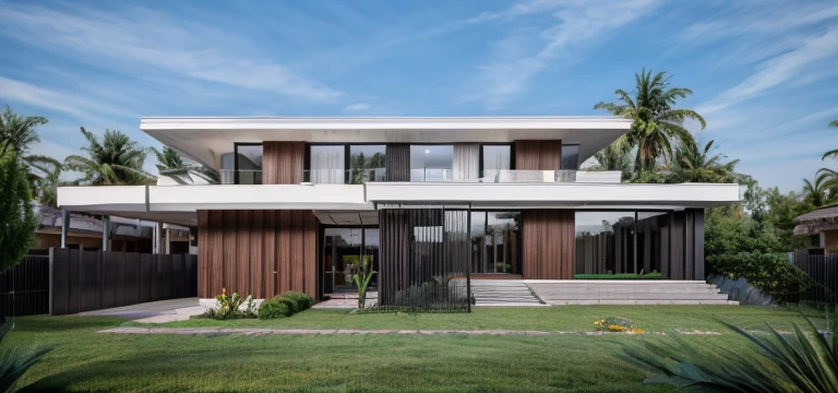 (masterpiece),(high quality), best quality, real,(realistic), super detailed, (full detail),(4k),8k,modern house exterior design,Modern architecture,Beautiful_sky,Day light, no_humans, outdoors,sky,tree,Garden flower front of building