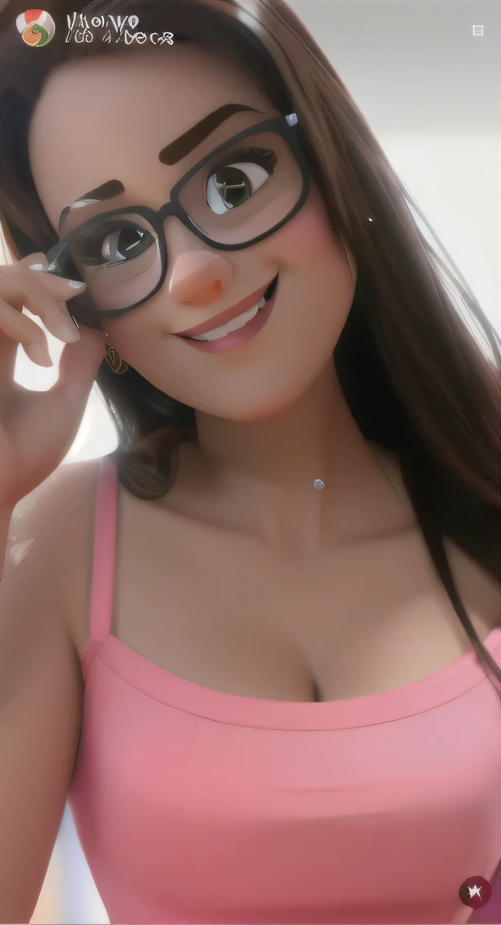 uma mulher estilo cartoon Disney Pixar, cabelos castanhos, with glasses and brown eyes, beautiful smile, small mouth, estilo Disney Pixar melhor imagem