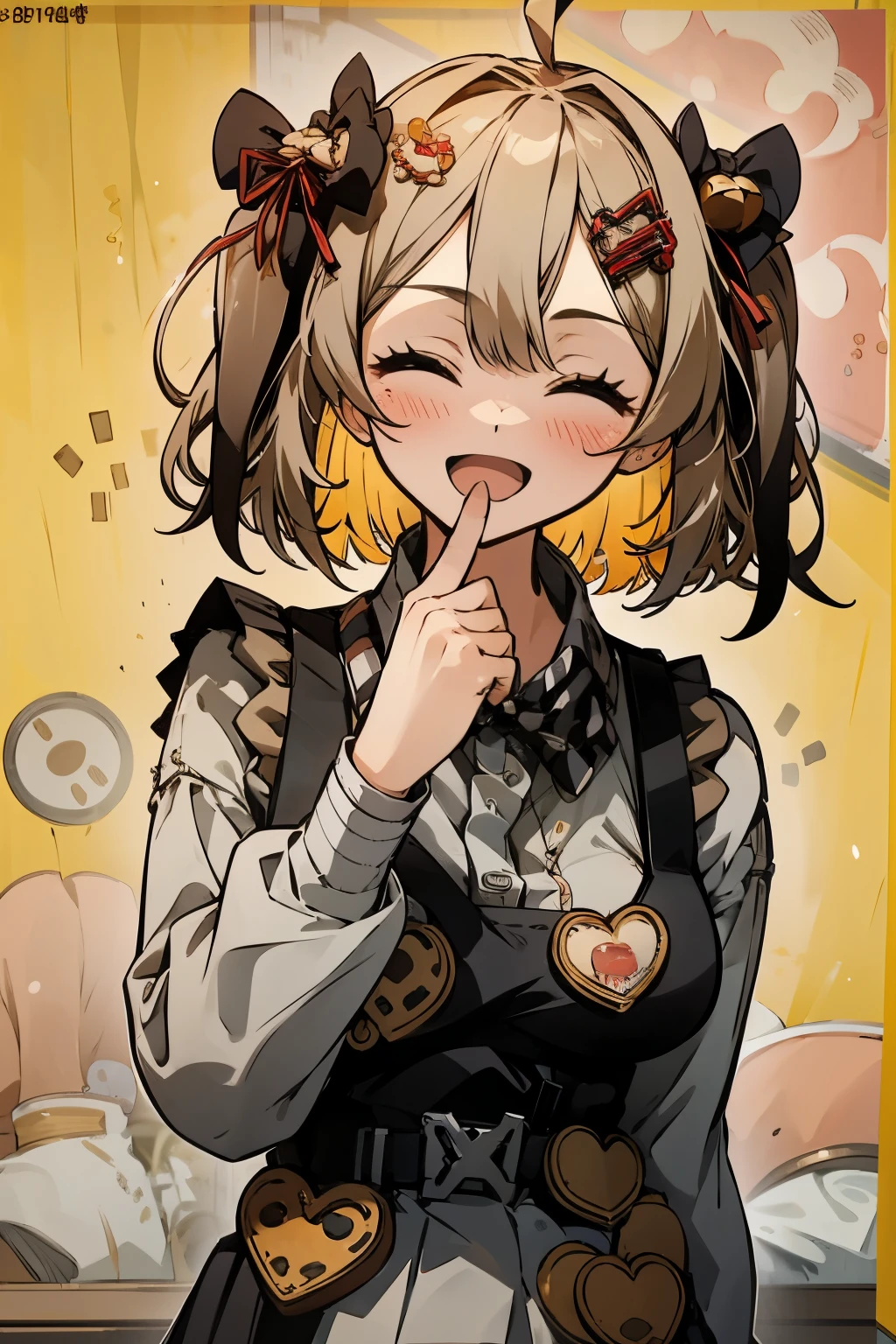 masutepiece, Best Quality, Highly detailed, restaurant, 1girl in, Solo, biscuit \(nikke\), Looking at Viewer, Open mouth,closed eye,A smile
