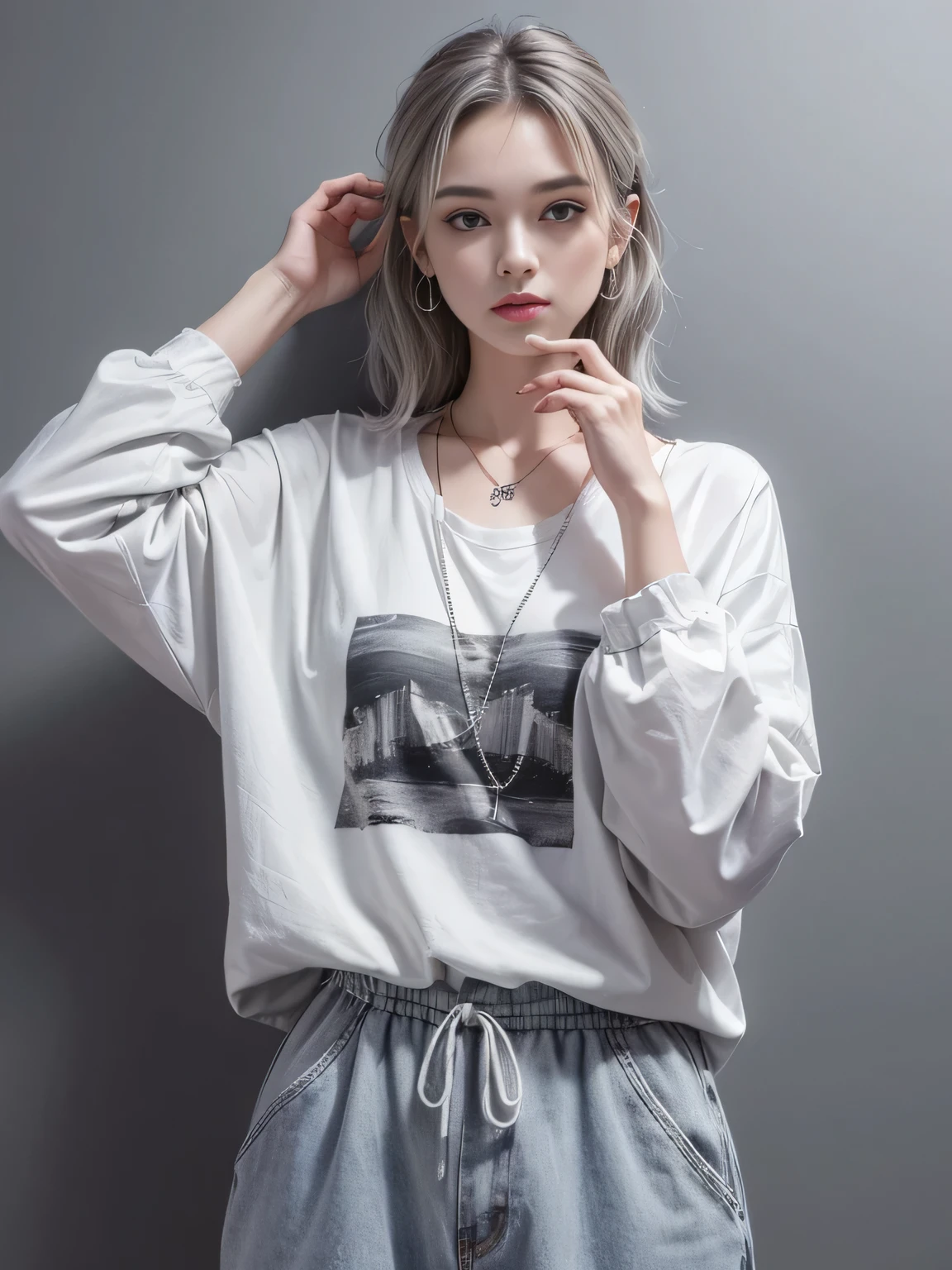 (8K, highest quality, High resolution, masterpiece :1.3), (gray background), stylish, hisense, fashion, The contour is the length of the surface, eyes are long, wavy silver short hair, hair band, oversized clothes, baggy clothes, Upper body, necklace, earrings, graphic design, take a pose,