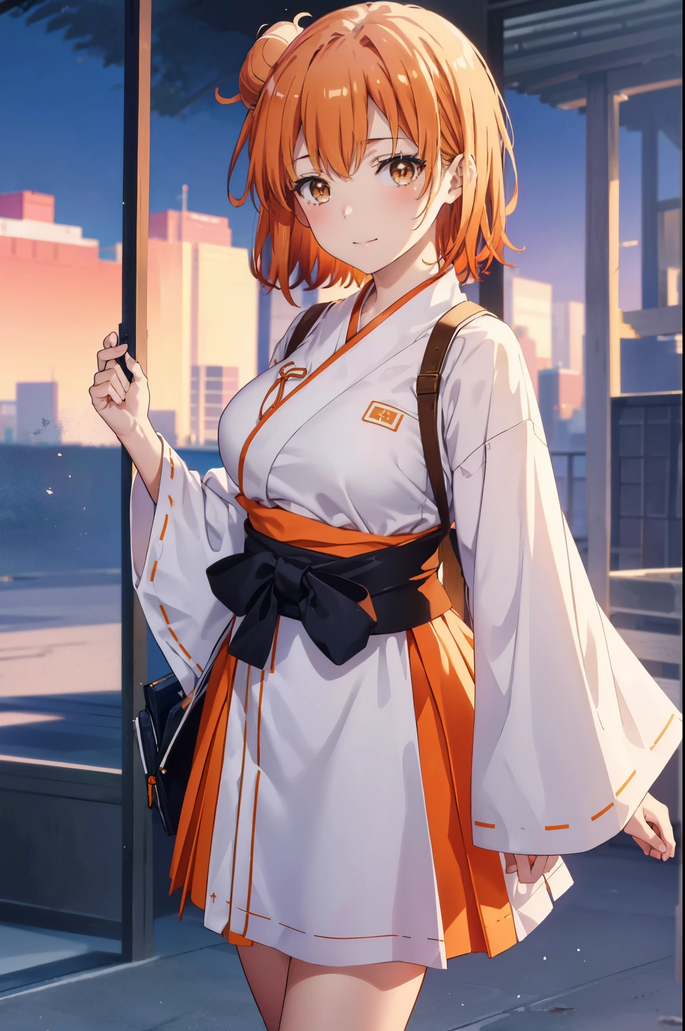 yuiyuigahama, yui yuigahama, short hair, (brown eyes:1.5), (orange hair:1.2), bun hair, happy smile, smile, 口を開けるsingle bun hair, smile, (big breasts:1.2),Platycodon,Miko, white kimono, kimono,red hakama,white foot bag,Zori sandals, same as skirt, wide sleeve, long sleeve, ribbon trim sleeves,  watching daytime viewers, Are standing, 
break outdoors, shrine,鳥居
break looking at viewer, (cowboy shot:1.5),
break (masterpiece:1.2), highest quality, High resolution, unity 8k wallpaper, (figure:0.8), (detailed and beautiful eyes:1.6), highly detailed face, perfect lighting, Very detailed CG, (perfect hands, perfect anatomy),