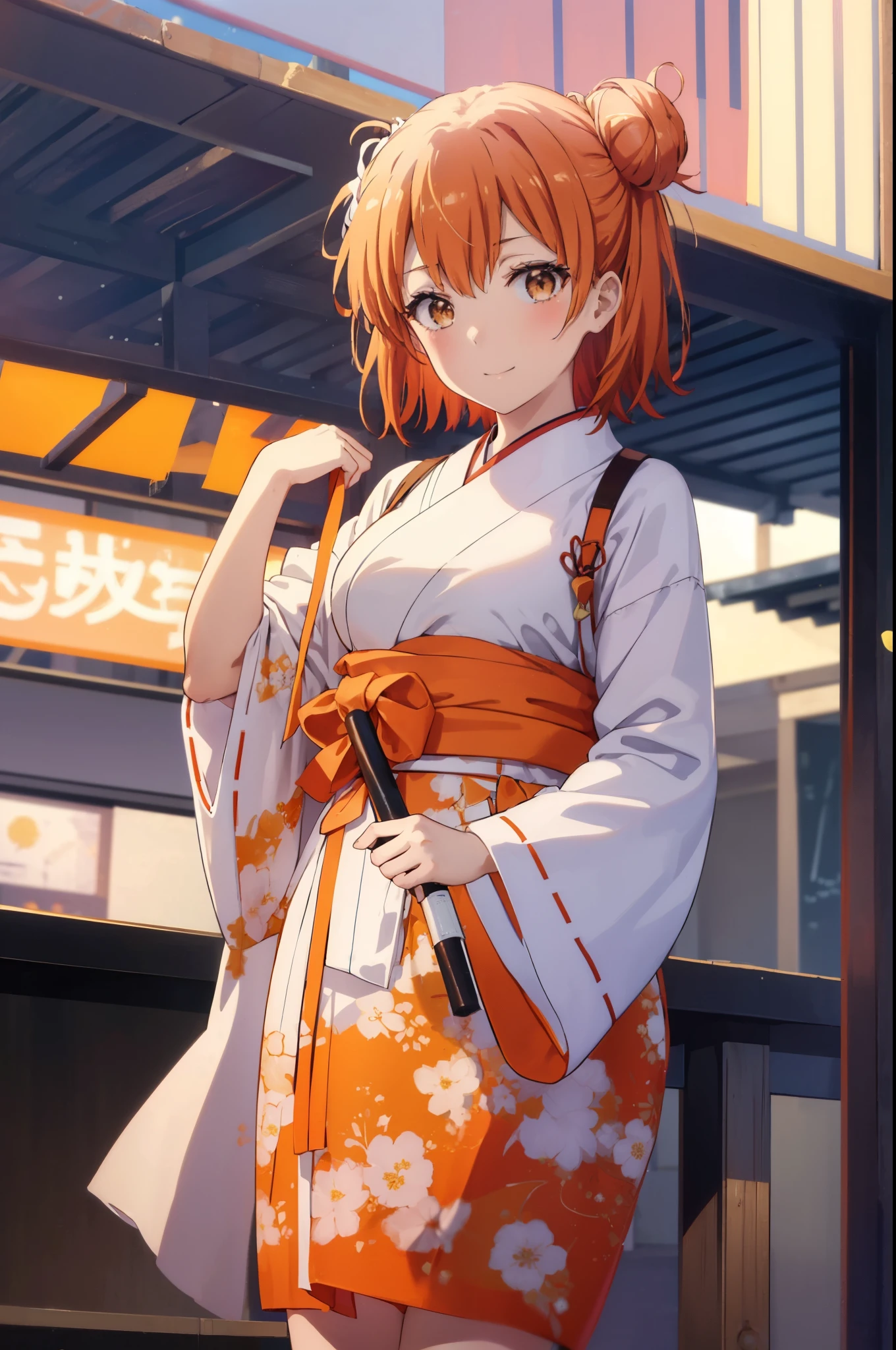 yuiyuigahama, yui yuigahama, short hair, (brown eyes:1.5), (orange hair:1.2), bun hair, happy smile, smile, 口を開けるsingle bun hair, smile, (big breasts:1.2),Platycodon,Miko, white kimono, kimono,red hakama,white foot bag,Zori sandals, same as skirt, wide sleeve, long sleeve, ribbon trim sleeves,  watching daytime viewers, Are standing, 
break outdoors, shrine,鳥居
break looking at viewer, (cowboy shot:1.5),
break (masterpiece:1.2), highest quality, High resolution, unity 8k wallpaper, (figure:0.8), (detailed and beautiful eyes:1.6), highly detailed face, perfect lighting, Very detailed CG, (perfect hands, perfect anatomy),