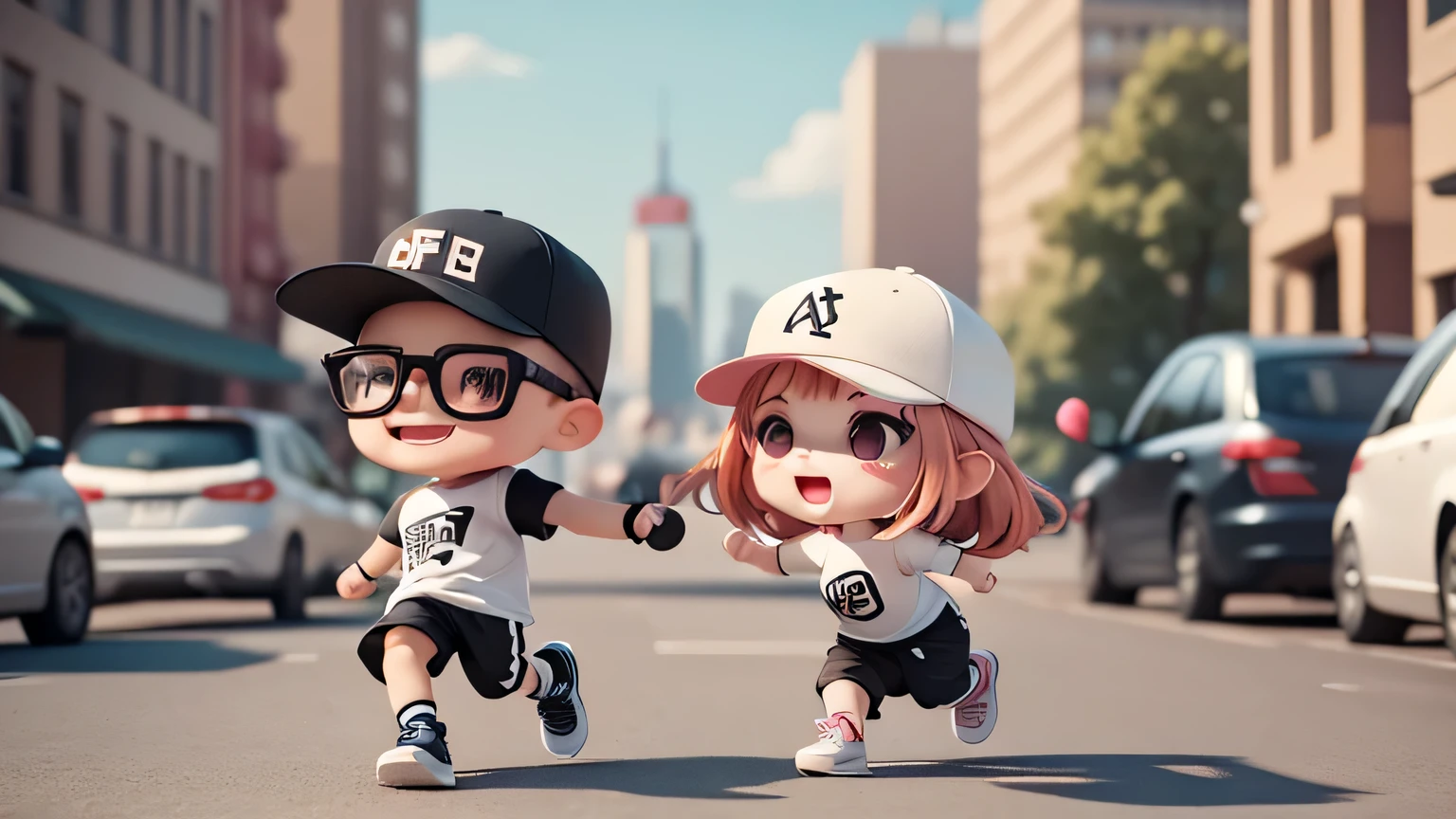 (table top),(highest quality),(Super detailed), (full body: 1.2),boy and girl,Chibi,cute,(city), Black Brim Cap,(T-shirt) with (sneakers) , (boy with black glasses),skin head,(arm cuffs),small eyes,laughter,Running、sprinting、