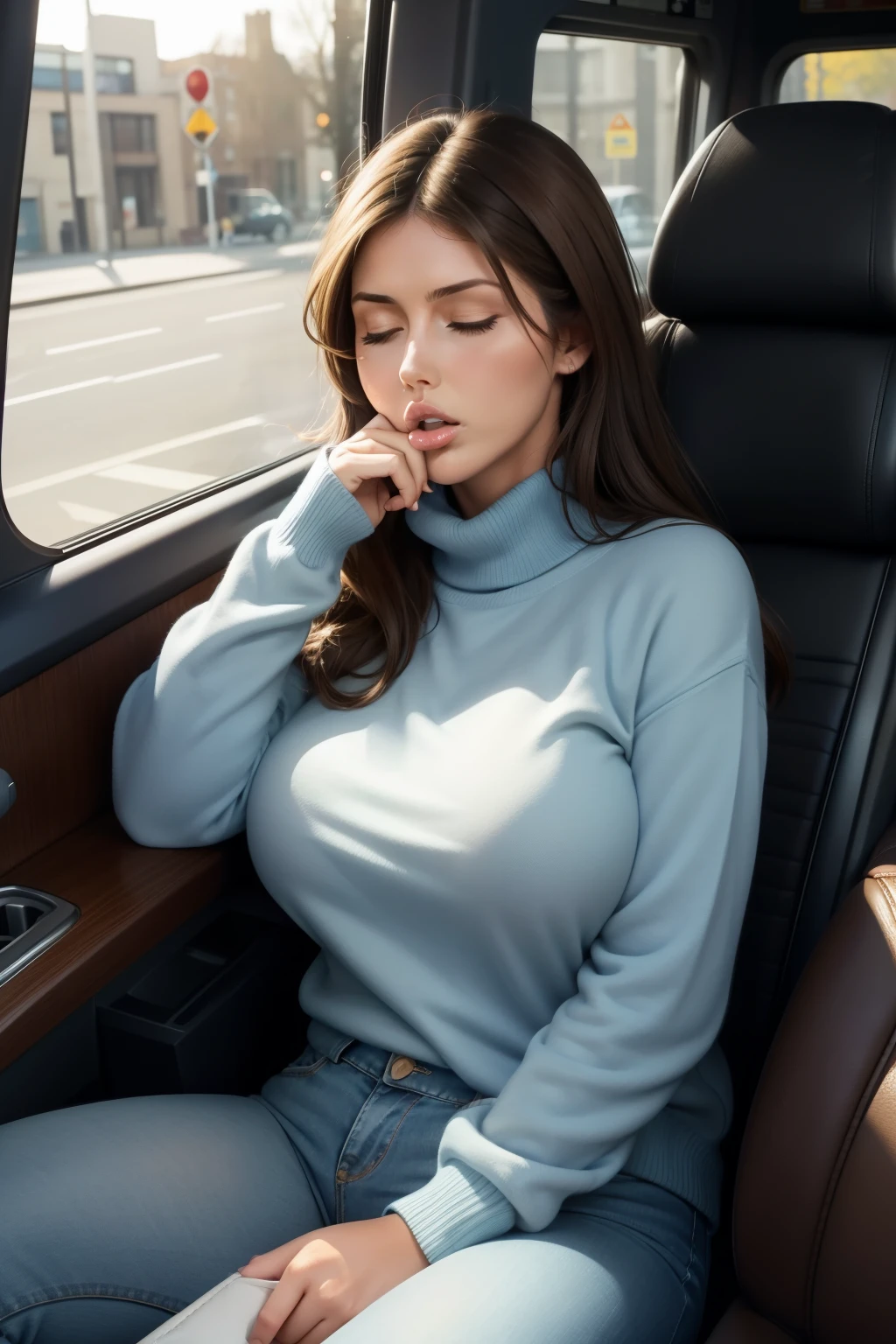 big body, brown hair, eyelids made up, light blue sweater, blue jeans, brown boots, asleep on the bus, eyes closed, mouth open, lucy pinder, sitting in a car, ((mouth open)), ((show the mouth)).