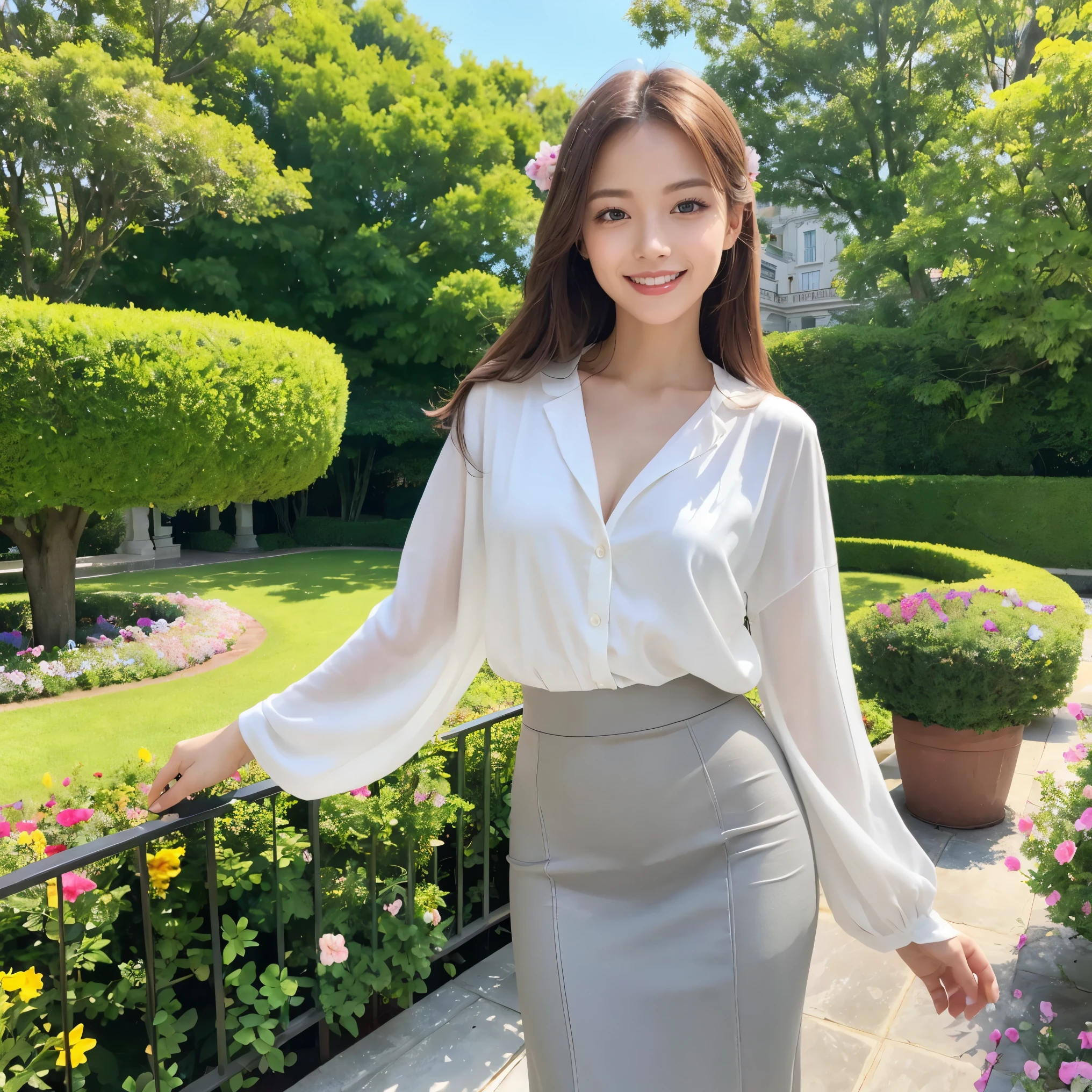 (highest quality、masterpiece、8K、best image quality、hyper realism、Award-winning work)、1 female、(Alone:1.1)、(Elegant thin long-sleeved clothes:1.1)、Classy tight skirt、perfectly fitted clothes、causal clothing、Beautiful and classy clothes in perfect harmony、full body photo、the biggest smile looking at me、(accurate anatomy:1.1)、beautiful terrace background、(Beautiful mansion terrace:1.1)、(A mansion&#39;s veranda and garden with flowers:1.1)、(perfect garden with beautiful terrace:1.1)、The most natural and perfect terrace、(Regular and beautiful flower beds:1.1)、(Cute flowers are arranged regularly:1.1)、Beautifully manicured and perfect garden、A perfect garden maintained by a professional gardener、Building the perfect terrace、very bright and refreshing、(Beautiful skin that shines very brightly:1.1)、(very bright and vivid:1.1)、(Super high-definition bright and shiny skin:1.2)、Super high definition beautiful eyes、Super high definition perfect beautiful teeth