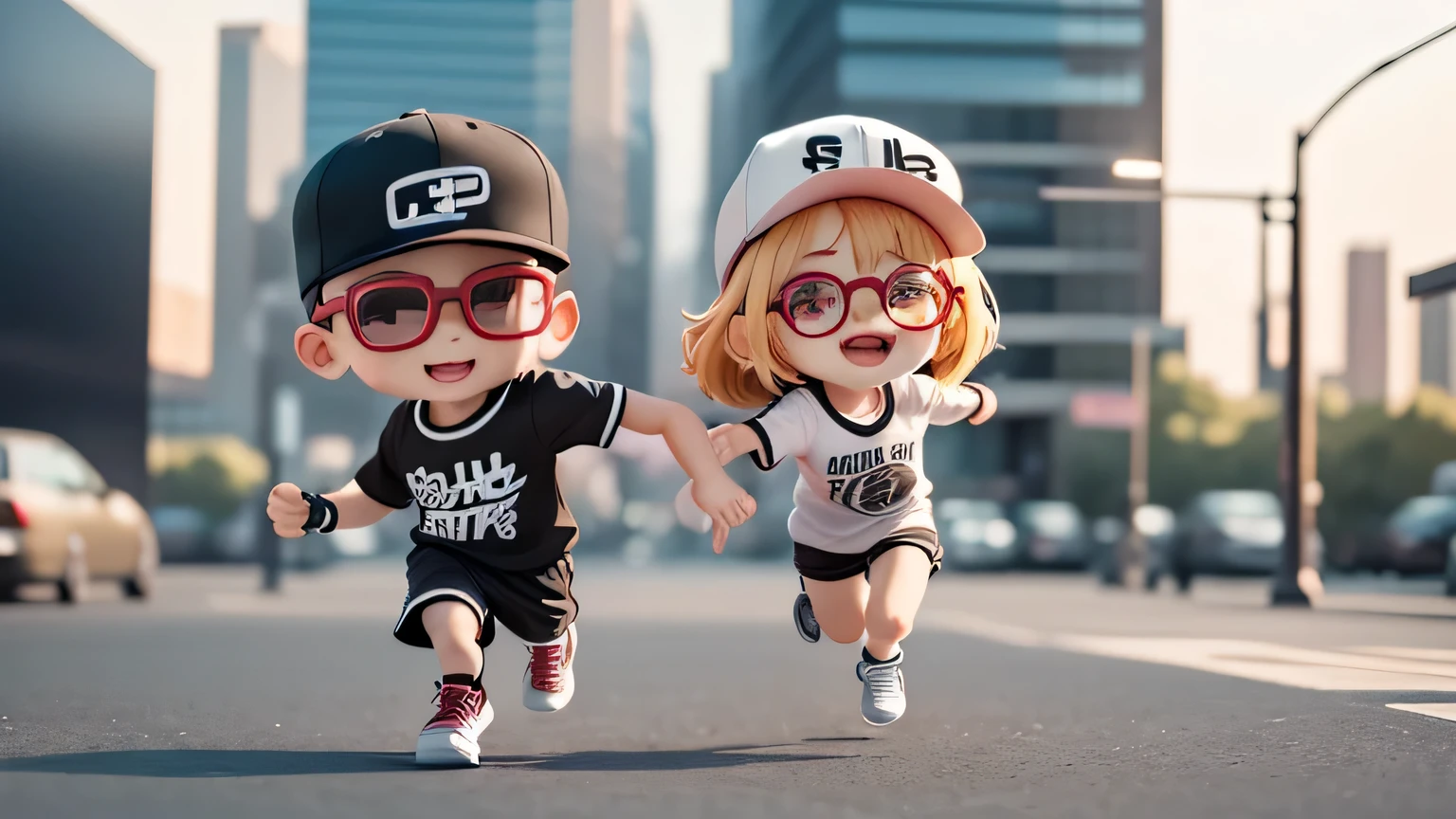 (table top),(highest quality),(Super detailed), (full body: 1.2),boy and girl,Chibi,cute,(city), Black Brim Cap,(T-shirt) with (sneakers) , (boy with black glasses),skin head,(arm cuffs),small eyes,laughter,Running、sprinting、