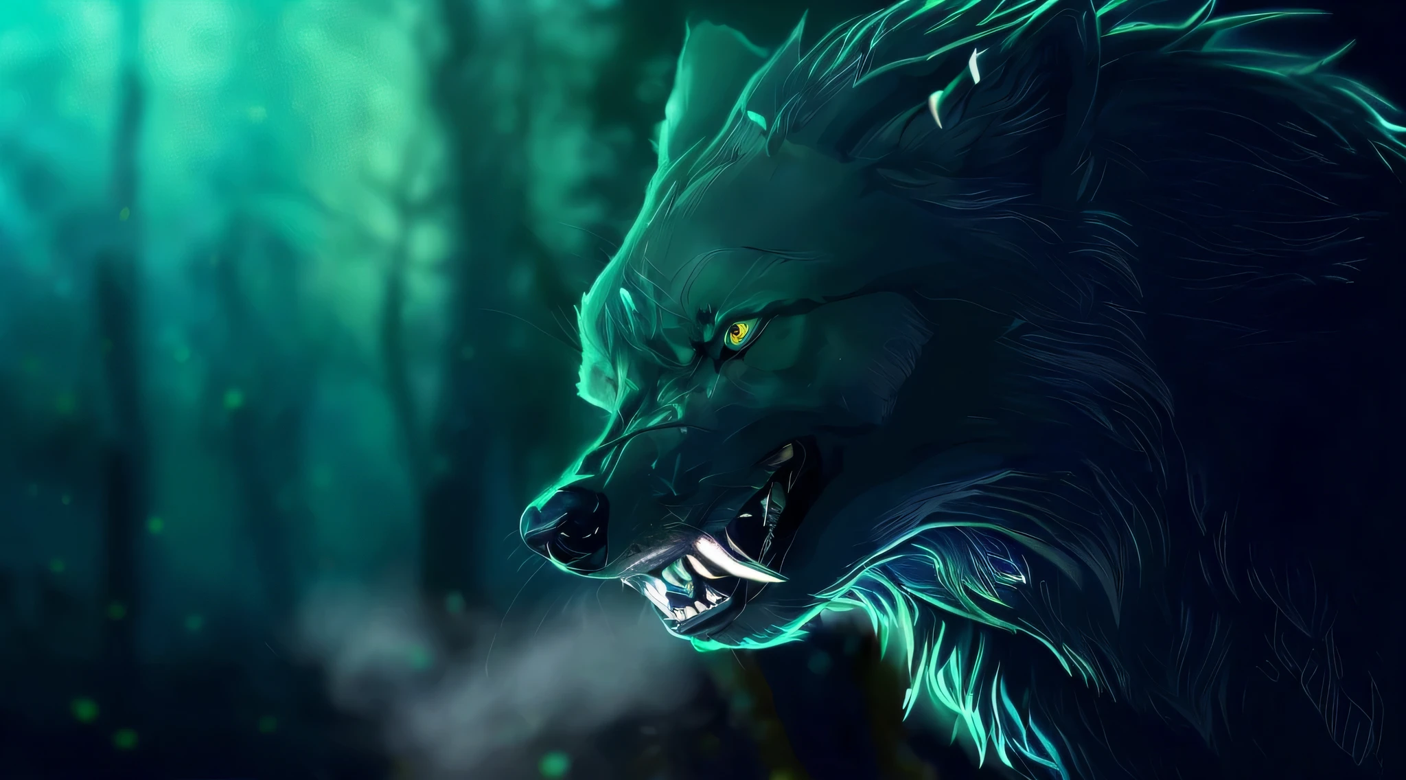 "crie uma imagem impressionante de um lobo majestoso em Full HD, com uma pelagem intensamente ciano escuro. The wolf must face the camera directly, seus olhos fixos e brilhantes, giving off a powerful sense of ferocity. Sua boca entreaberta revela dentes afiados em um rosnado poderoso. Convey an atmosphere of tension and power, highlighting vivid details that capture the strength and grandeur of this magnificent animal. The background setting should be a glowing magical forest, com cores verde ciano vibrantes, an intense cyan-colored moonlight and vibrant cyan-colored particles."