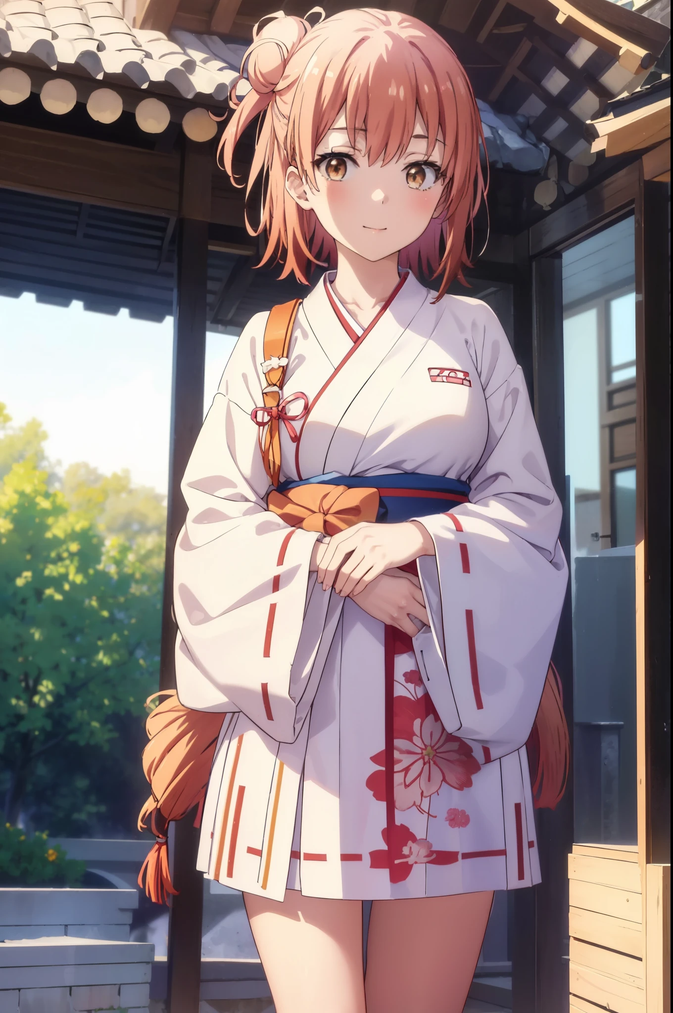 yuiyuigahama, yui yuigahama, short hair, (brown eyes:1.5), (pink hair:1.2), bun hair, happy smile, smile, 口を開けるsingle bun hair, smile, (big breasts:1.2),Platycodon,Miko, white kimono, kimono,red hakama,white foot bag,Zori sandals, same as skirt, wide sleeve, long sleeve, ribbon trim sleeves,  watching daytime viewers, Are standing, 
break outdoors, shrine,鳥居
break looking at viewer, (cowboy shot:1.5),
break (masterpiece:1.2), highest quality, High resolution, unity 8k wallpaper, (figure:0.8), (detailed and beautiful eyes:1.6), highly detailed face, perfect lighting, Very detailed CG, (perfect hands, perfect anatomy),