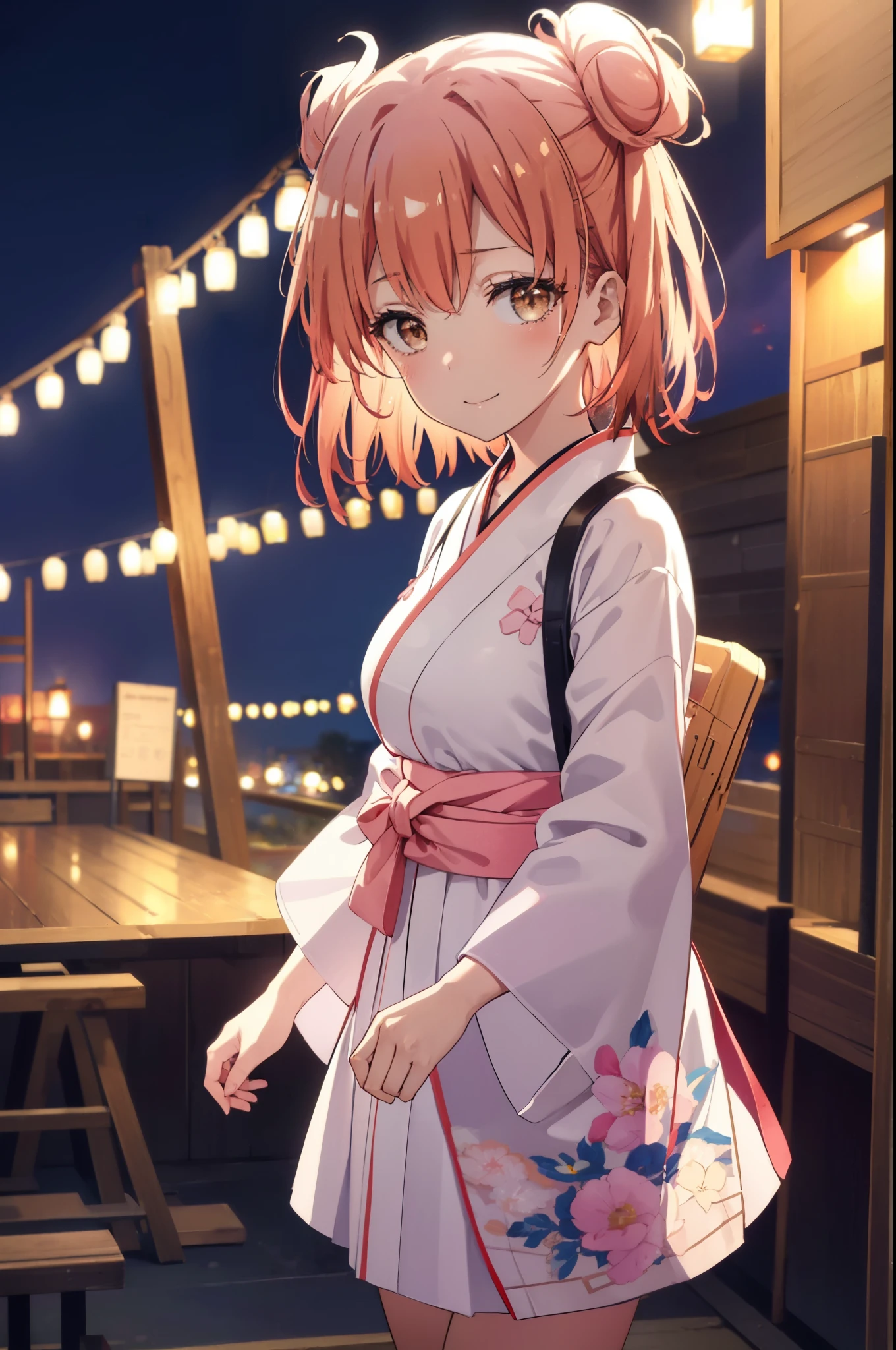 yuiyuigahama, yui yuigahama, short hair, (brown eyes:1.5), (pink hair:1.2), bun hair, happy smile, smile, 口を開けるsingle bun hair, smile, (big breasts:1.2),Platycodon,Miko, white kimono, kimono,red hakama,white foot bag,Zori sandals, same as skirt, wide sleeve, long sleeve, ribbon trim sleeves,  watching daytime viewers, Are standing, 
break outdoors, shrine,鳥居
break looking at viewer, (cowboy shot:1.5),
break (masterpiece:1.2), highest quality, High resolution, unity 8k wallpaper, (figure:0.8), (detailed and beautiful eyes:1.6), highly detailed face, perfect lighting, Very detailed CG, (perfect hands, perfect anatomy),