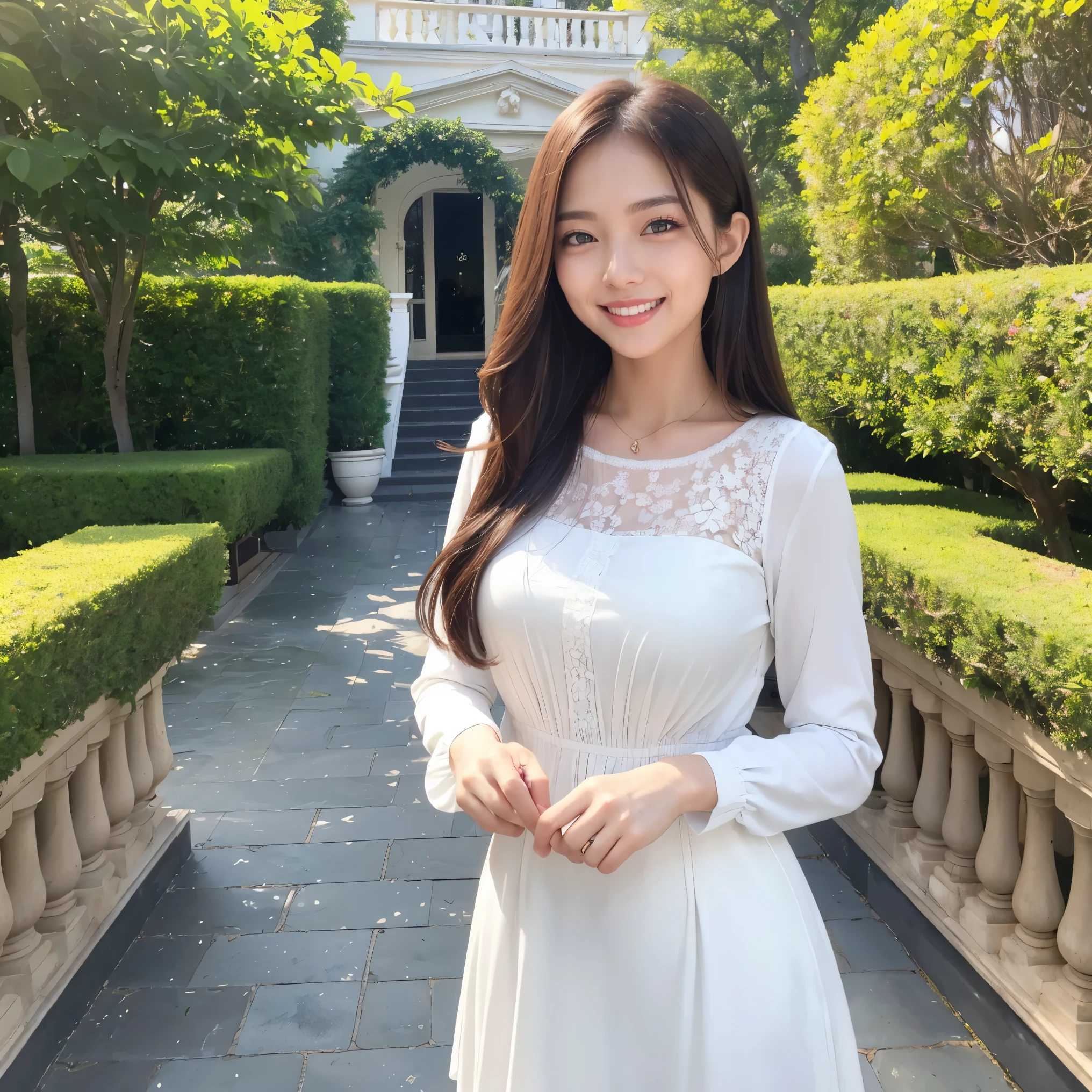 (highest quality、masterpiece、8K、best image quality、hyper realism、Award-winning work)、1 female、(Alone:1.1)、(Elegant thin long-sleeved clothes:1.1)、Classy tight skirt、perfectly fitted clothes、causal clothing、Beautiful and classy clothes in perfect harmony、upper body photo、the biggest smile looking at me、(accurate anatomy:1.1)、beautiful terrace background、(Beautiful mansion terrace:1.1)、(A mansion&#39;s veranda and garden with flowers:1.1)、(perfect garden with beautiful terrace:1.1)、The most natural and perfect terrace、(Regular and beautiful flower beds:1.1)、(Cute flowers are arranged regularly:1.1)、Beautifully manicured and perfect garden、A perfect garden maintained by a professional gardener、Building the perfect terrace、very bright and refreshing、(Beautiful skin that shines very brightly:1.1)、(very bright and vivid:1.1)、(Super high-definition bright and shiny skin:1.2)、Super high definition beautiful eyes、Super high definition perfect beautiful teeth