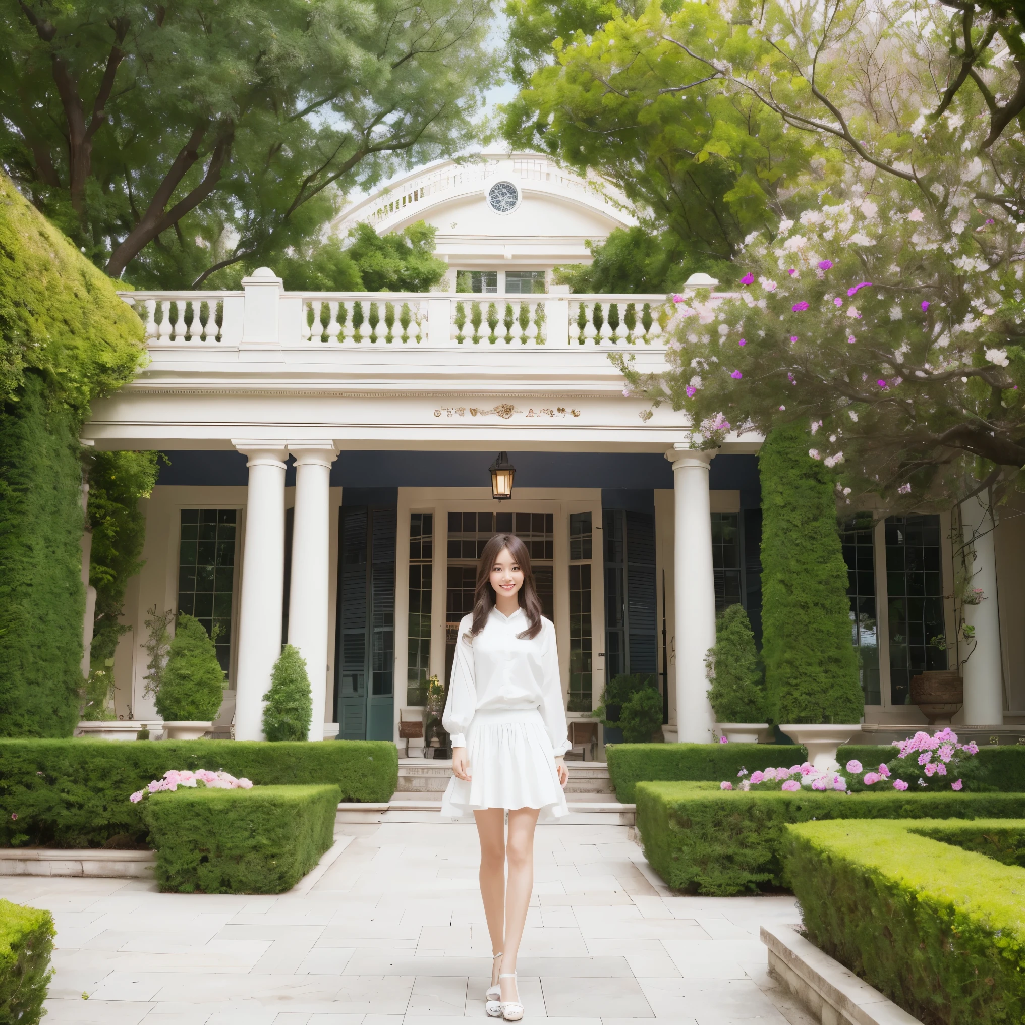 (highest quality、masterpiece、8K、best image quality、hyper realism、Award-winning work)、1 female、(Alone:1.1)、(Elegant thin long-sleeved clothes:1.1)、Classy tight skirt、perfectly fitted clothes、causal clothing、Beautiful and classy clothes in perfect harmony、full body photo、the biggest smile looking at me、(accurate anatomy:1.1)、beautiful terrace background、(Beautiful mansion terrace:1.1)、(A mansion's veranda and garden with flowers:1.1)、(perfect garden with beautiful terrace:1.1)、The most natural and perfect terrace、(Regular and beautiful flower beds:1.1)、(Cute flowers are arranged regularly:1.1)、Beautifully manicured and perfect garden、A perfect garden maintained by a professional gardener、Building the perfect terrace、very bright and refreshing、(Beautiful skin that shines very brightly:1.1)、(very bright and vivid:1.1)、(Super high-definition bright and shiny skin:1.2)、Super high definition beautiful eyes、Super high definition perfect beautiful teeth