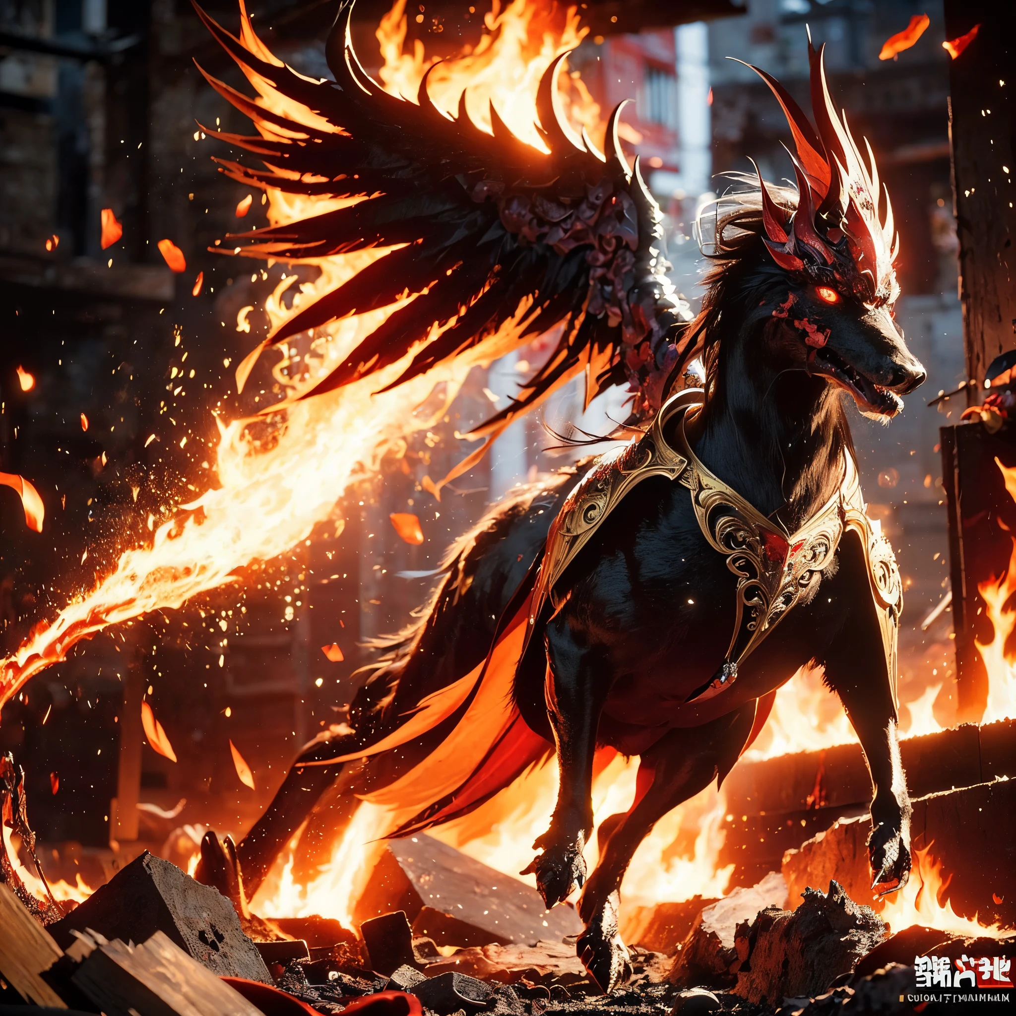 (((Realistic, masterpiece, best quality, crisp detail, high definition, high detail, very rich detail, sharp focus, sharp detail, colorful, rich color, perfect studio lightning))), ((20 years old, goddess of fire, kasumi arimura, flying, floating)),(((in the middle of war, epic war scene))), wearing (((beautiful decorated golden heavy armor, phoenix armor, phoenix tails, decorated full body armor, fully armored beautiful kimono, wide golden phoenix wings))), (flying, floating, attack stance, burning hands, holding fantasy weapon, blood scattered face, blood tears, blood bath, blood shed), (((fire everywhere, blood everywhere, death everywhere, japan bakumatsu period, dead bodies,carcass,burned japanese castle,hellish,chaos, hell fire, inferno, molten lava)) traditional village background), shot from below