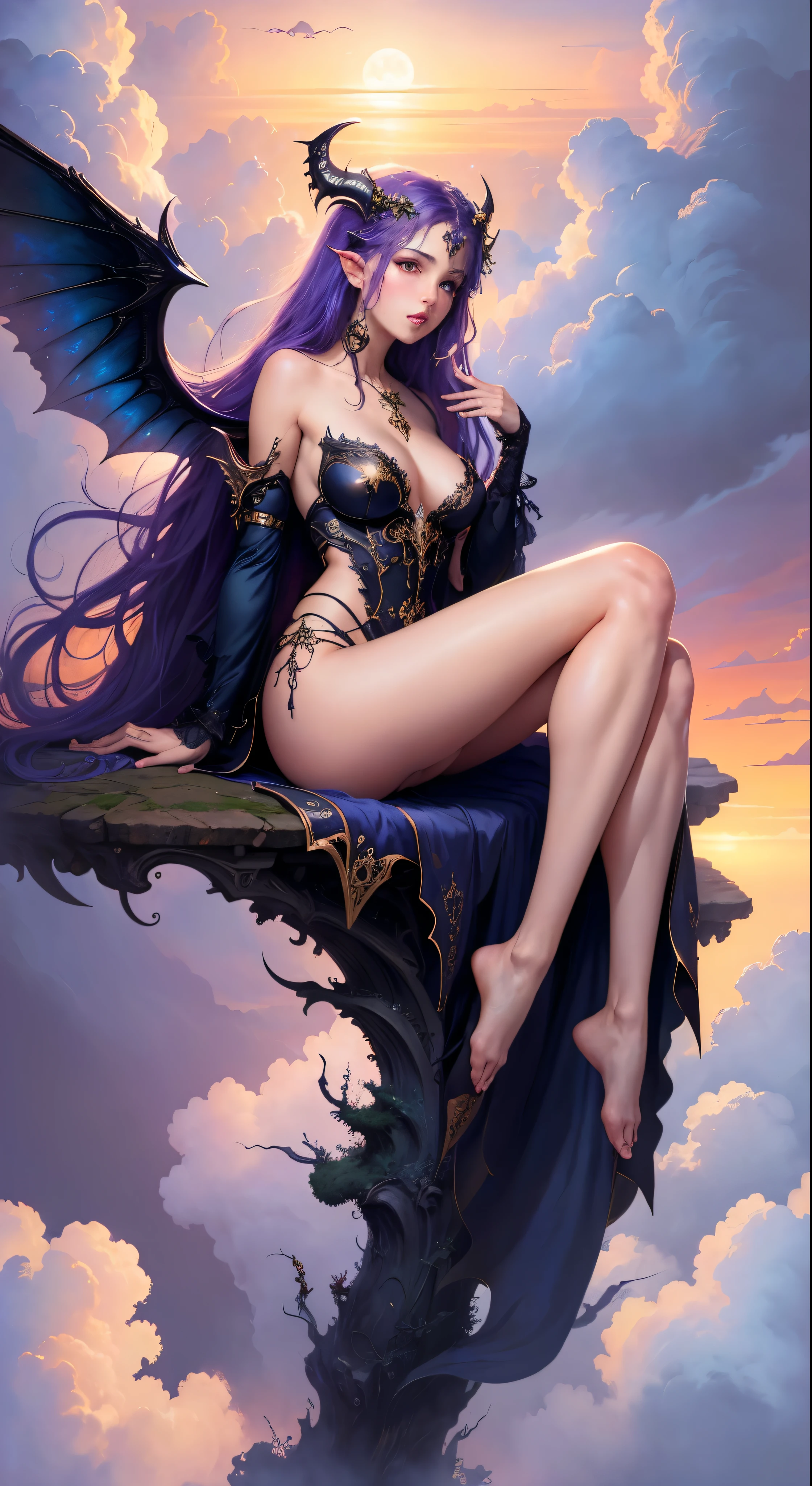 ((best quality)), ((masterpiece)), (detailed), seductive succubus, ethereal beauty, perching in the clouds, (fantasy illustration:1.3), charming gaze, charming pose, delicate wings, otherworldly charm, mysterious sky, (Luis Royo:1.2), (Amano Yoshitaka:1.1), Moonlight night, pastel colors, (detailed cloudscape:1.3), (high resolution:1.2)