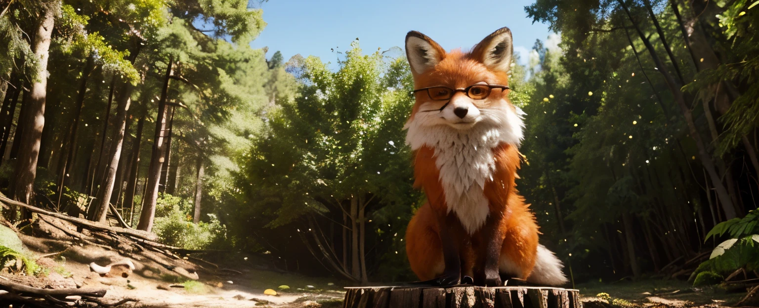 ((antropomorfic fox with realistic fur)), ((male)), Fox face, arms covered with realistic fur, wearing glasses, wearing white shirt, black pants, sunny day, forest background, ((huevos de pascua por todas partes)), standing on tree stump.

(Mejor calidad, realista, ultra detallado), zorro, happy expression, anthropomorphic fox