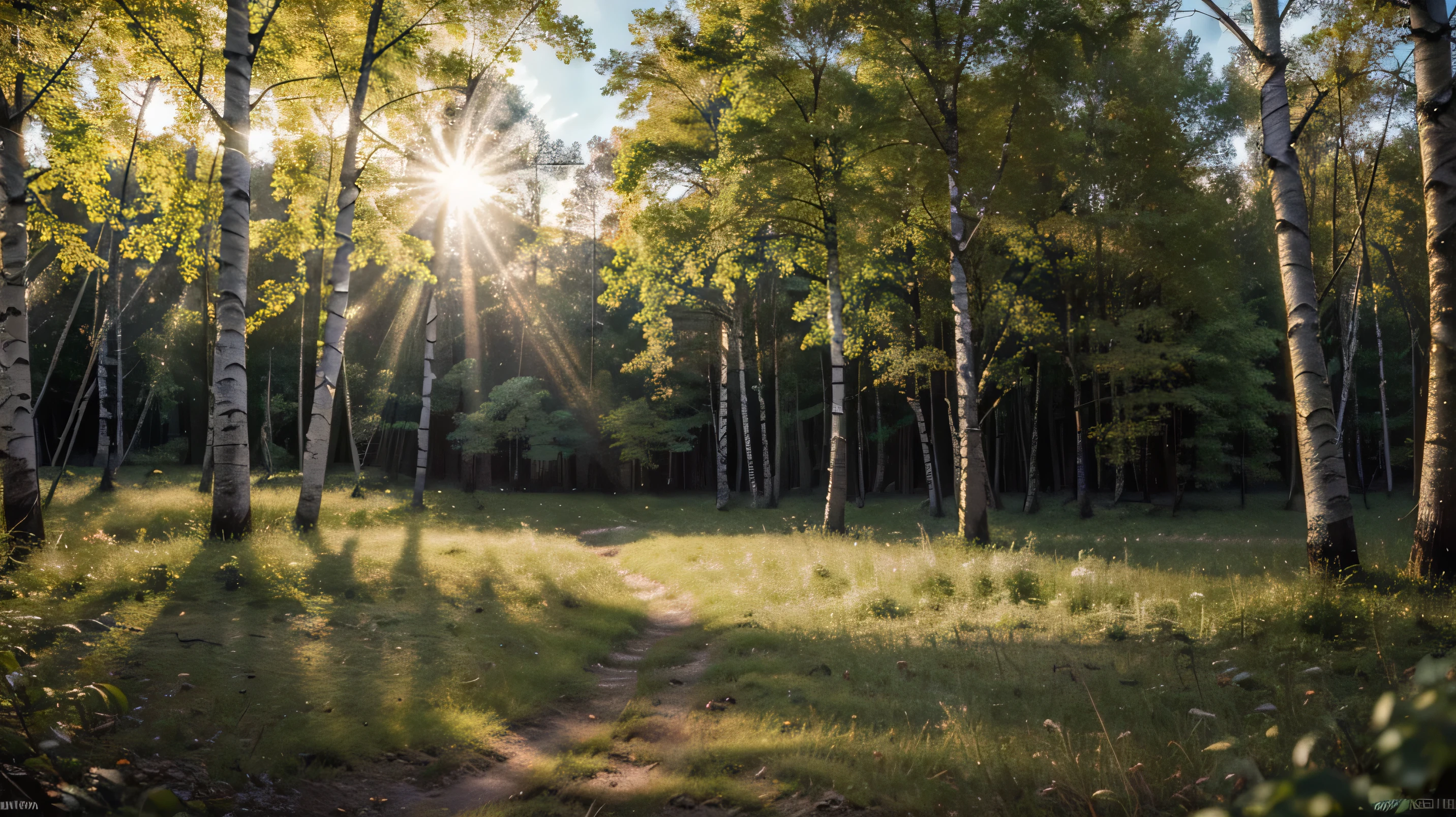 ((masterpiece, Best quality)), High resolution, 8K, cinematic light, high contrast, depth of field, intense glow, detailed background, dense forest of birch oaks, glade illuminated by the sun, white clouds in the sky,
