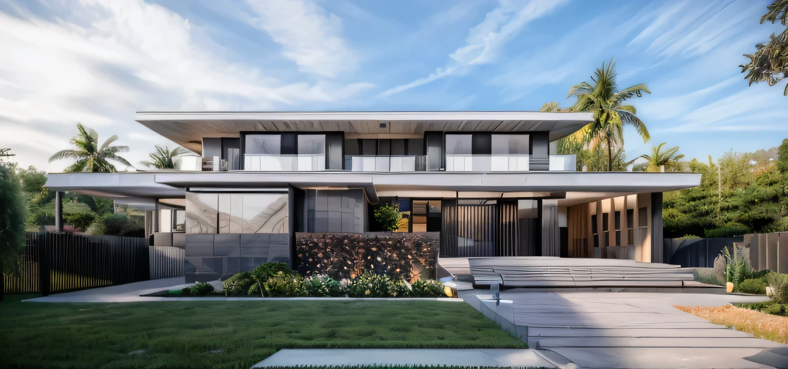 (masterpiece),(high quality), best quality, real,(realistic), super detailed, (full detail),(4k),8k,modern house exterior design,Modern architecture,Beautiful_sky,Day light, no_humans, outdoors,sky,tree,Garden flower front of building
