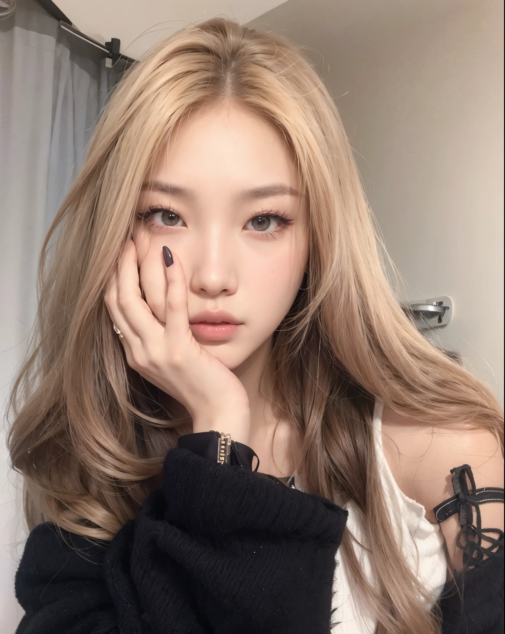 a closeup of a person with long hair and a black sweater, parque roseanne de blackpink, ulzzang, maquillaje popular de corea del sur, muchacha coreana, portrait of jossi de blackpink, jennie rosa negro, con pelo largo y ojos penetrantes, maquillaje coreano popular, jossi de blackpink, hermosa mujer surcoreana, hermosa joven coreana, sakimichan